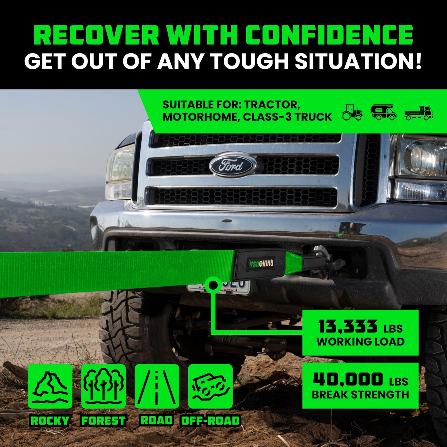Rhino USA Recovery Tow Strap (3" x 20') - 31,518lb Break Strength - Emergency Recovery Strap Tow Rope for Truck, UTV, ATV & More - Heavy Duty Towing Strap for Offroad 4x4 Use - Compatible with Jeep