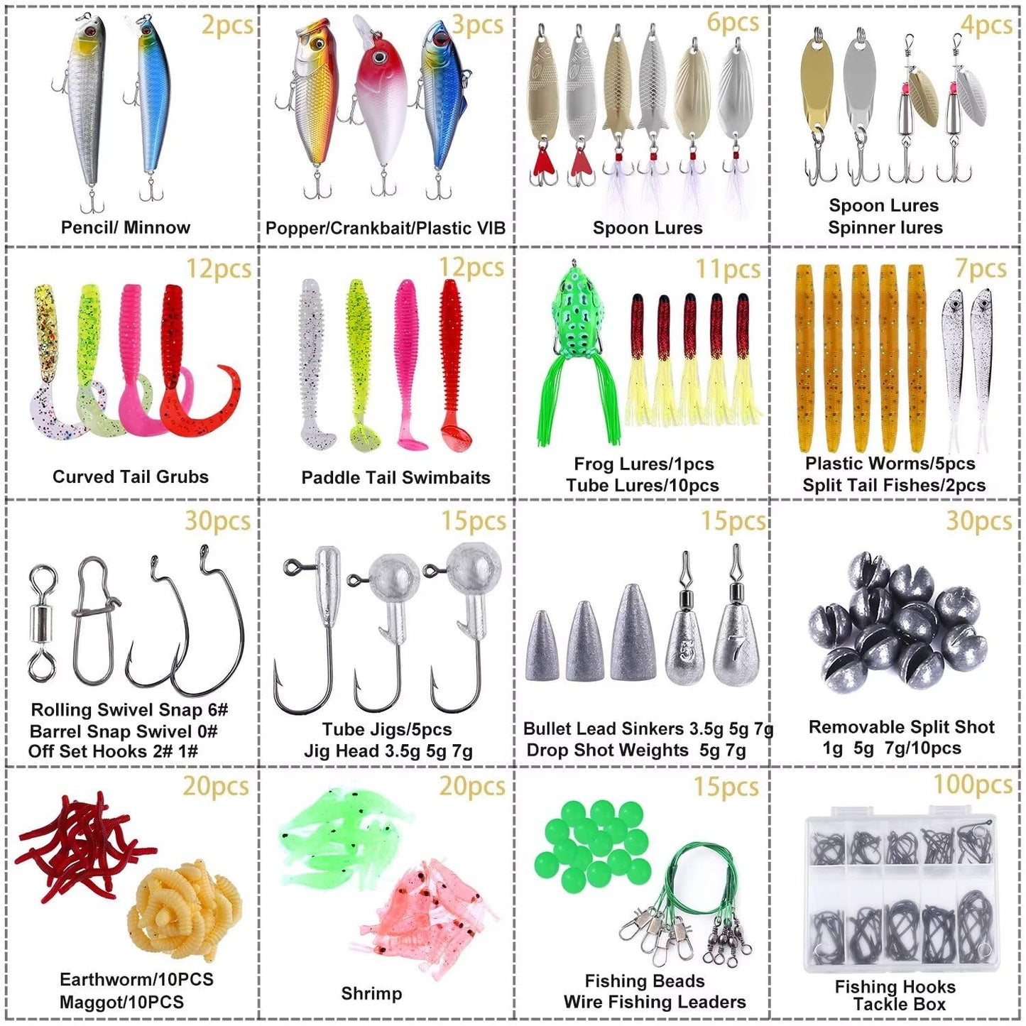 PLUSINNO Fishing Lures Baits Tackle Including Crankbaits, Spinnerbaits, Plastic Worms, Jigs, Topwater Lures, Tackle Box and More Fishing Gear Lures Kit Set, 102/302Pcs Fishing Lure Tackle
