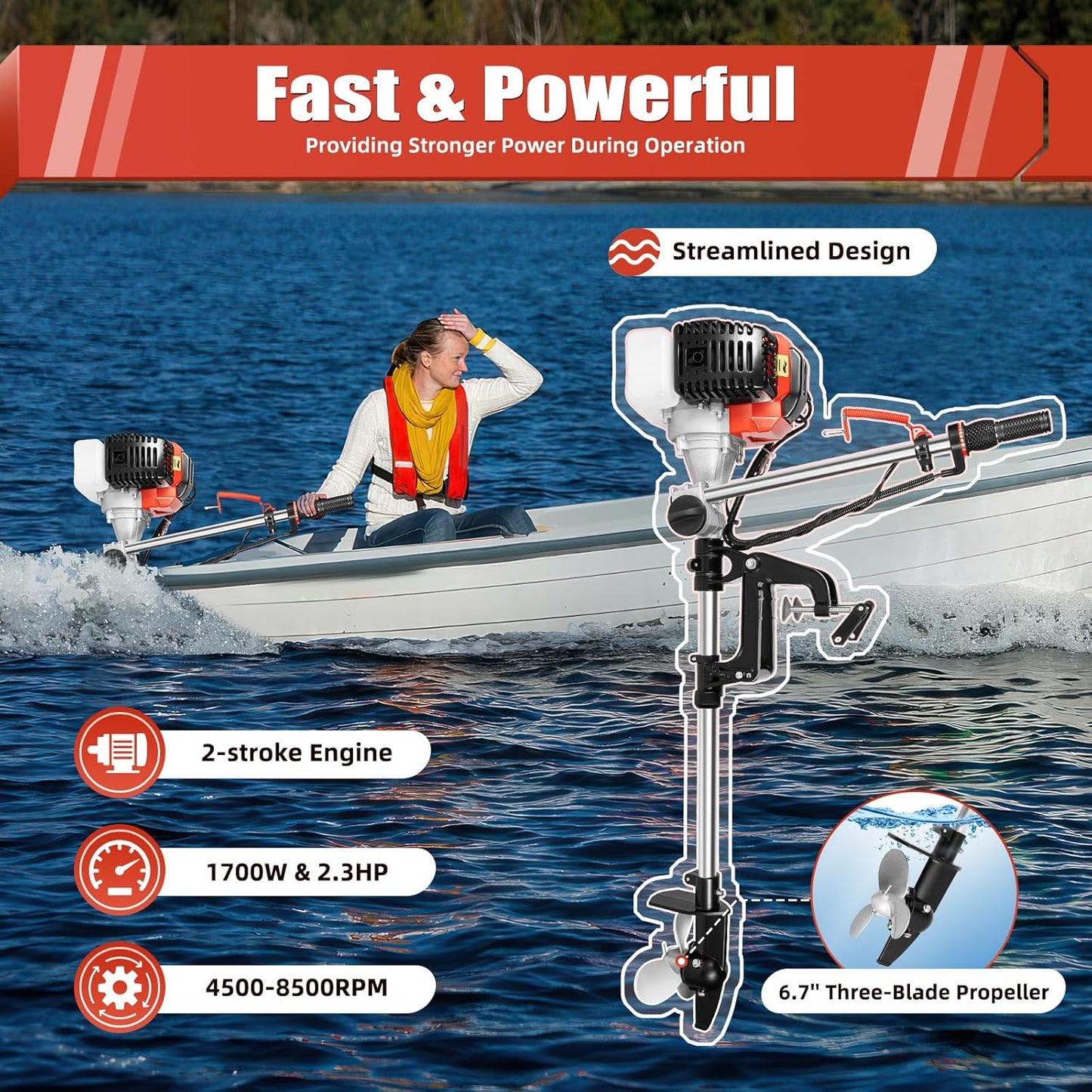 Outboard Motor Boat Engine 2 Stroke 2.3 HP, 1.7KW Marine Boat Motor 52CC with Air Cooling System Long Shaft Fishing Boat Engine (2.3HP)