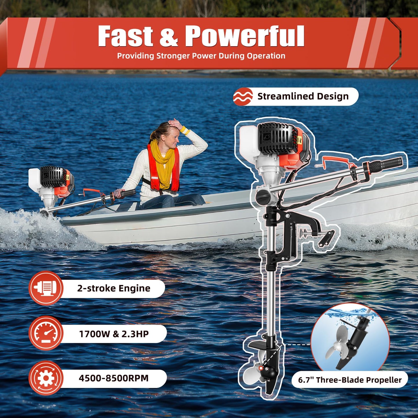 52cc Single Cylinder Gas 2.3HP Outboard Motor, Long Shaft with Air Cooling for Inflatable, Rubber, Fishing Boats, Yachts, Water Sports