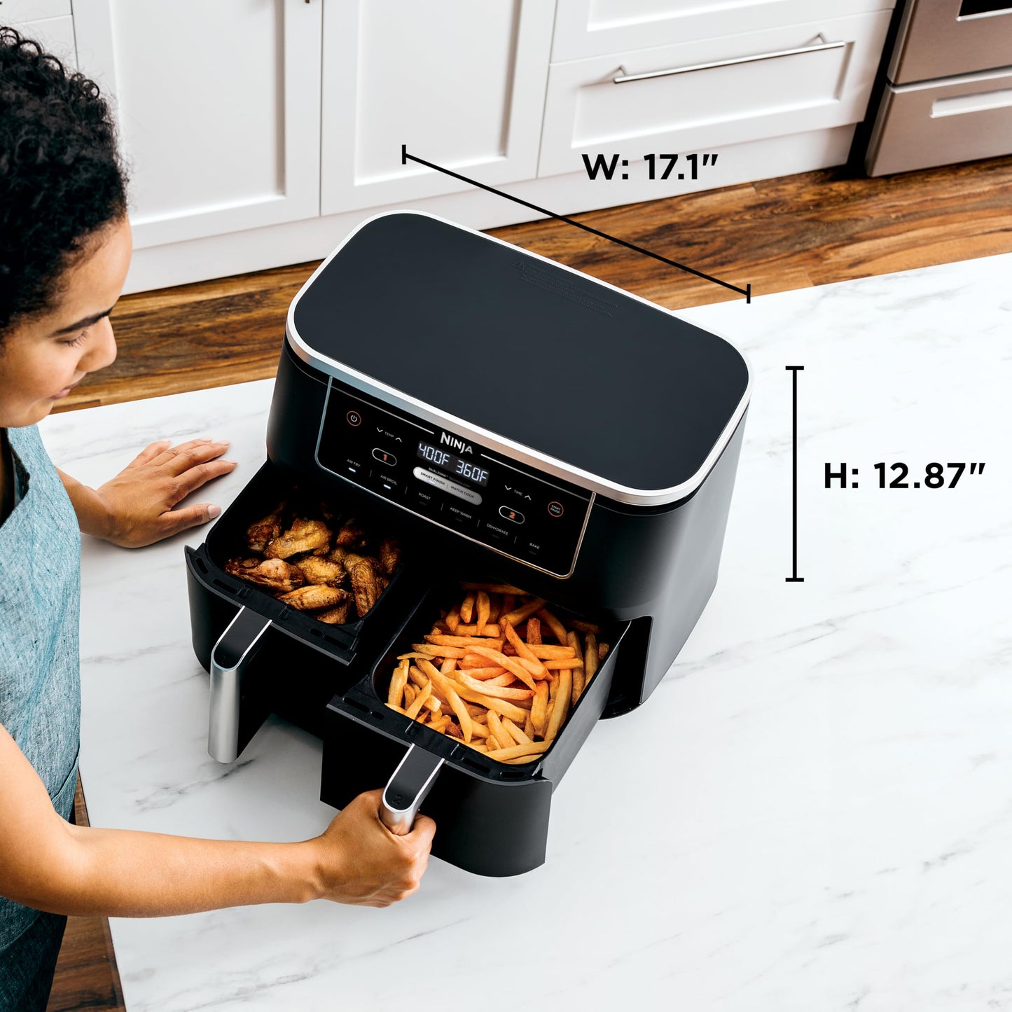 Ninja DZ201 Foodi 8 Quart 6-in-1 DualZone 2-Basket Air Fryer with 2 Independent Frying Baskets, Match Cook & Smart Finish to Roast, Broil, Dehydrate & More for Quick, Easy Meals, Grey