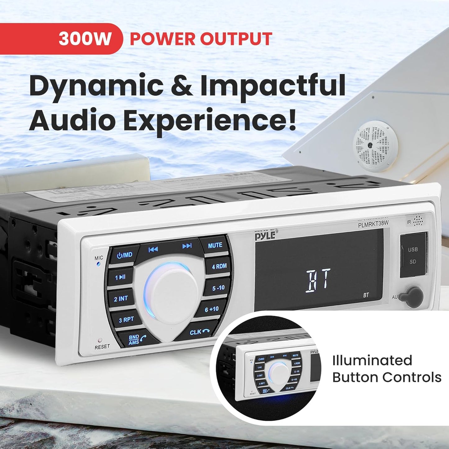 Pyle Marine Radio Receiver Speaker Set 12v Single Din Style Bluetooth Compatible Waterproof Digital Boat In Dash Console System with Mic 4 Speakers, Remote Control, Wiring Harness PLMRKT38W (White)