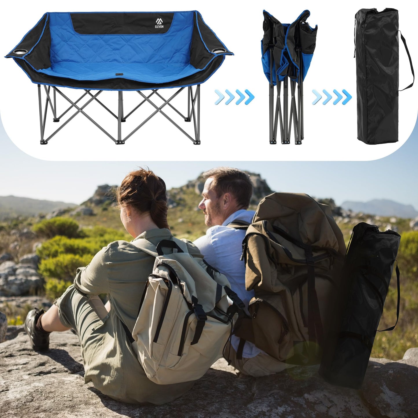 Camping Chair, Oversized Loveseat Double 2 Person Outdoor Chair with Arms, Cup Holder and Carry Bag, Heavy-Duty Collapsible Chair for Outside,Black/Gray