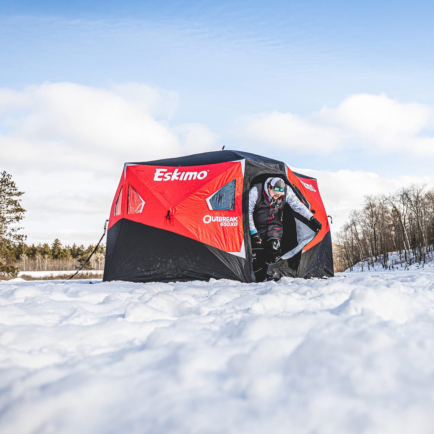 Eskimo Outbreak Portable Pop-Up Ice Fishing Shelter, Stormshield Insulated Fabric, No Trip Door, Durable Hub Design, Deluxe Tie Downs, Red/Black