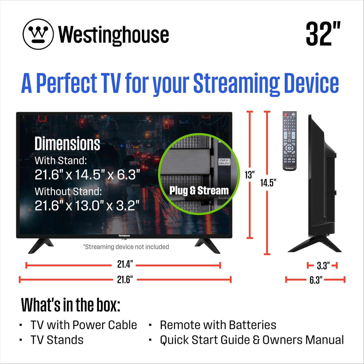 Westinghouse 32 Inch TV, HD LED Small Flat Screen Non-Smart Television, Works with Fire Stick, Roku, Apple TV, TiVo, Xumo, and Streaming Devices
