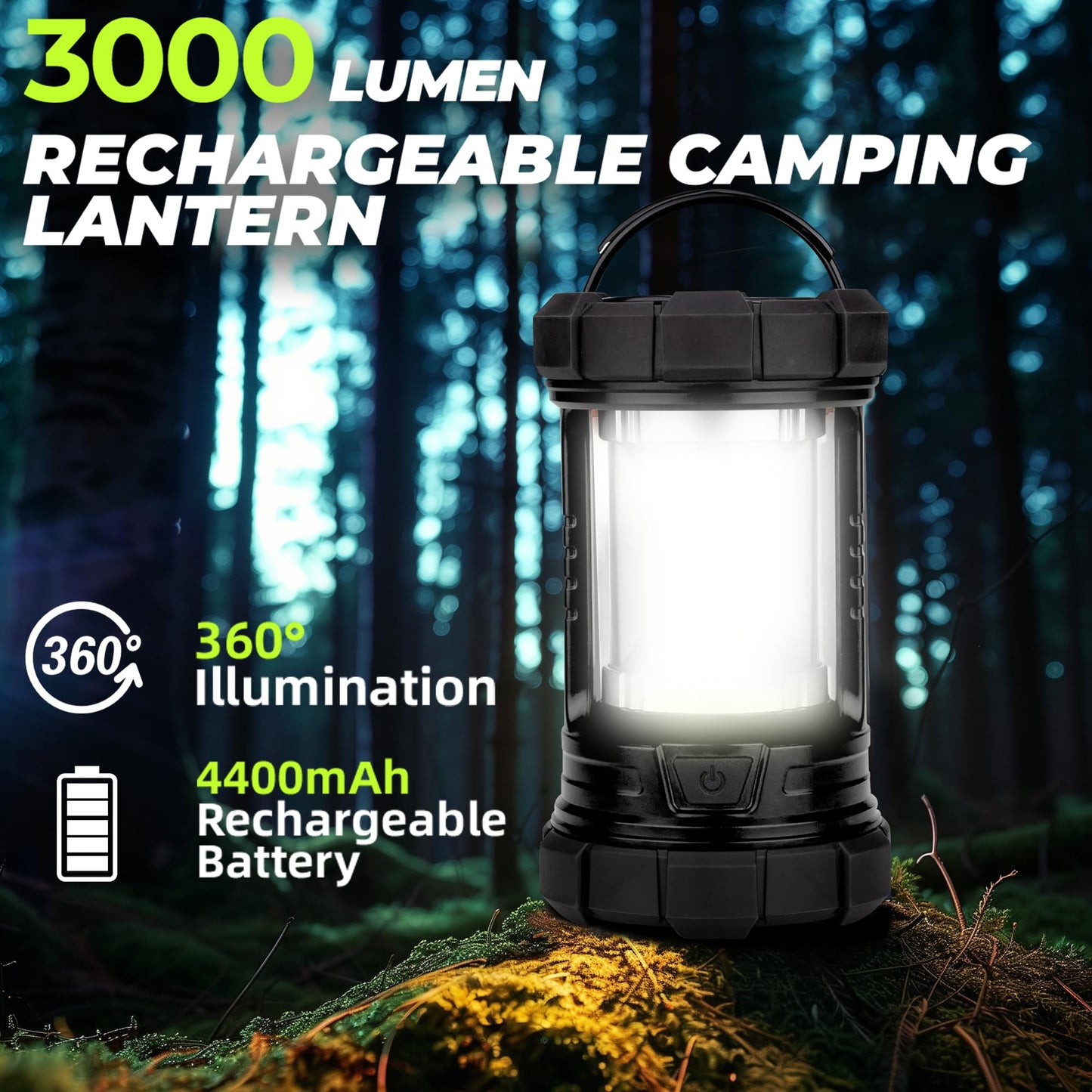 Rechargeable Camping Lantern, 3000LM 5 Light Modes Camping Light 4400 Capacity Phone Charger LED Impact-Resistant Flashlight Lantern Portable Waterproof Hurricane Lanterns for Emergency(Pale Green)