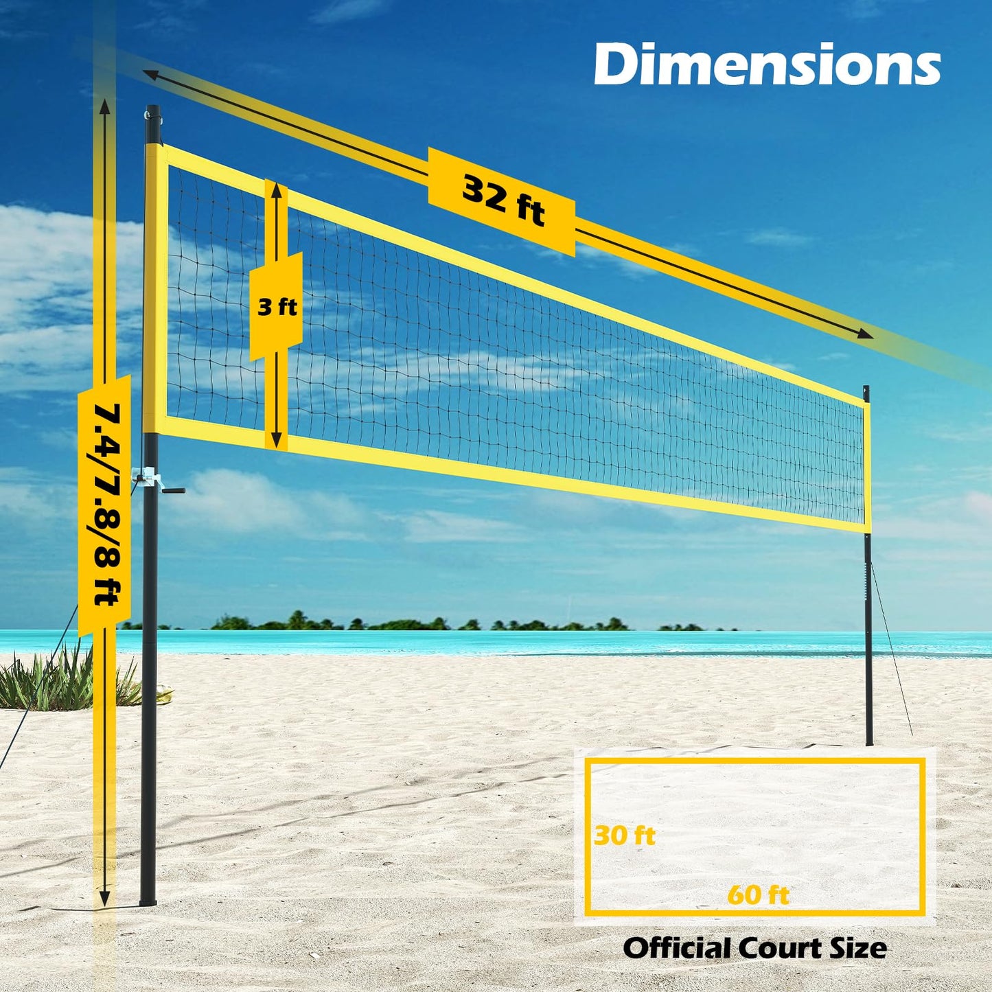 GYMAX Volleyball Net, Portable Volleyball Set with Adjustable Poles & Anti-Sag Design, Includes Beach Stakes, Scoreboard, Boundary Line and Carry Bag for Outdoor Backyard Beach Grass (Yellow)