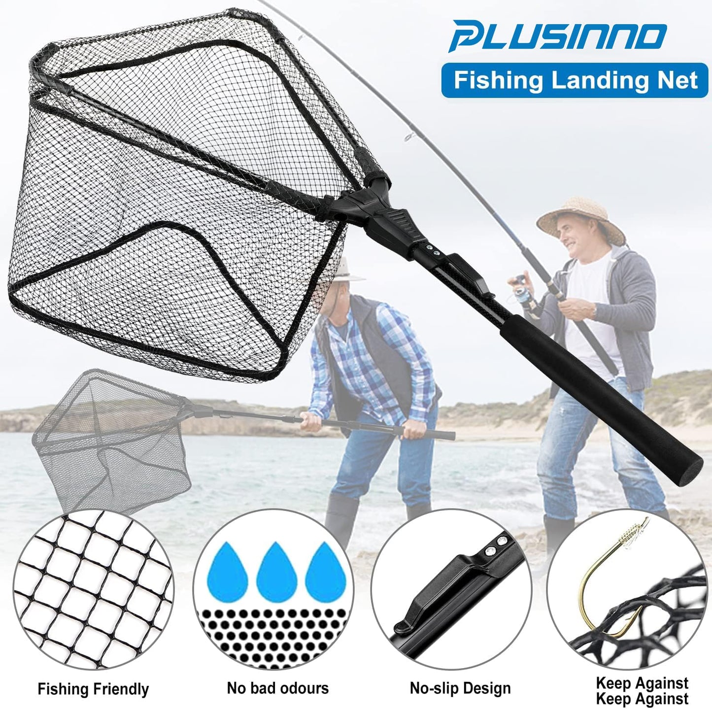 PLUSINNO Fishing Net Fish Landing Net, Foldable Collapsible Telescopic Pole Handle, Durable Nylon Material Mesh, Safe Fish Catching or Releasing