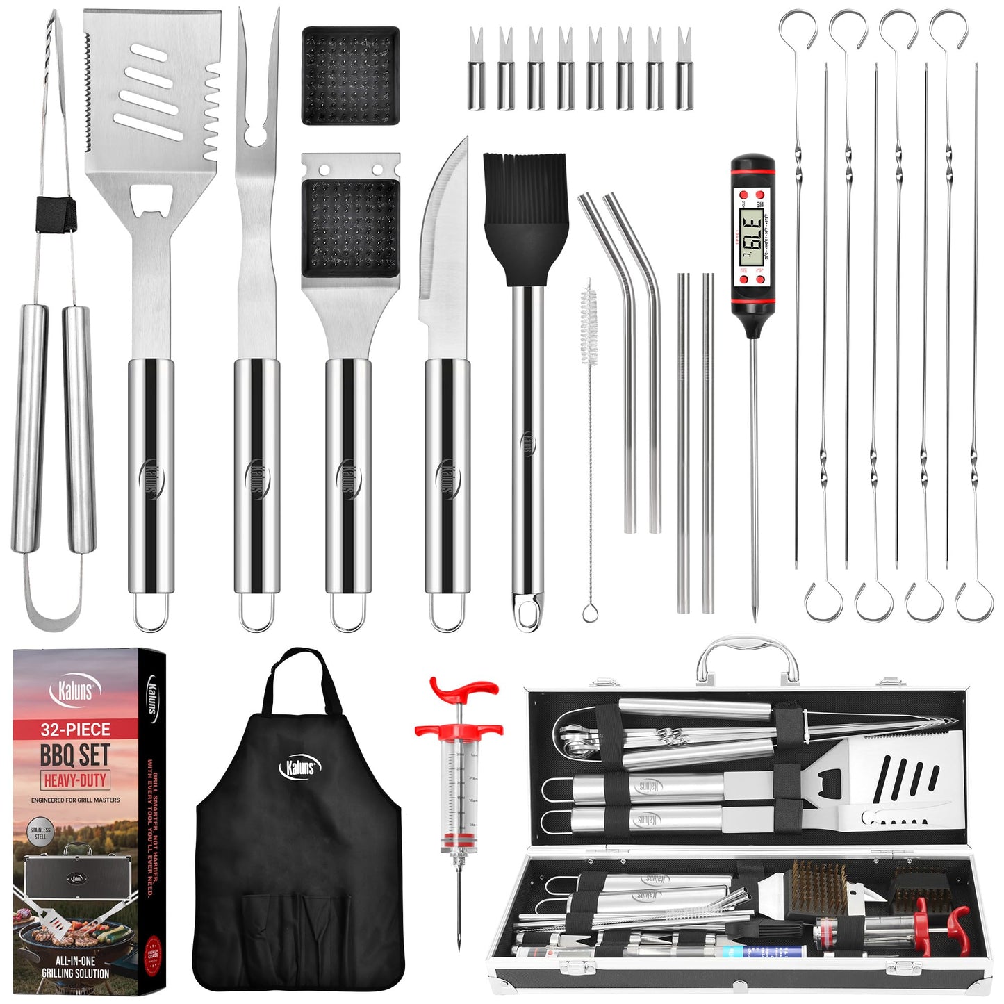 Kaluns Grilling Accessories, Dad Gifts for Fathers Day Grilling Gifts, Heavy Duty Stainless Steel BBQ Grill Tools Set for Outdoor Grill with Aluminum Case and Apron, Dad Birthday Gifts for Men Husband
