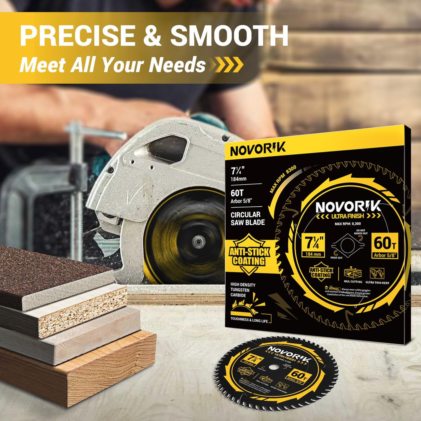 Circular Saw Blade 7-1/4" 24T&40T&60T, Saw Blade with Arbor 5/8", ATB Circular Saw Blade, Professional for Wood Cutting, 3-Pack