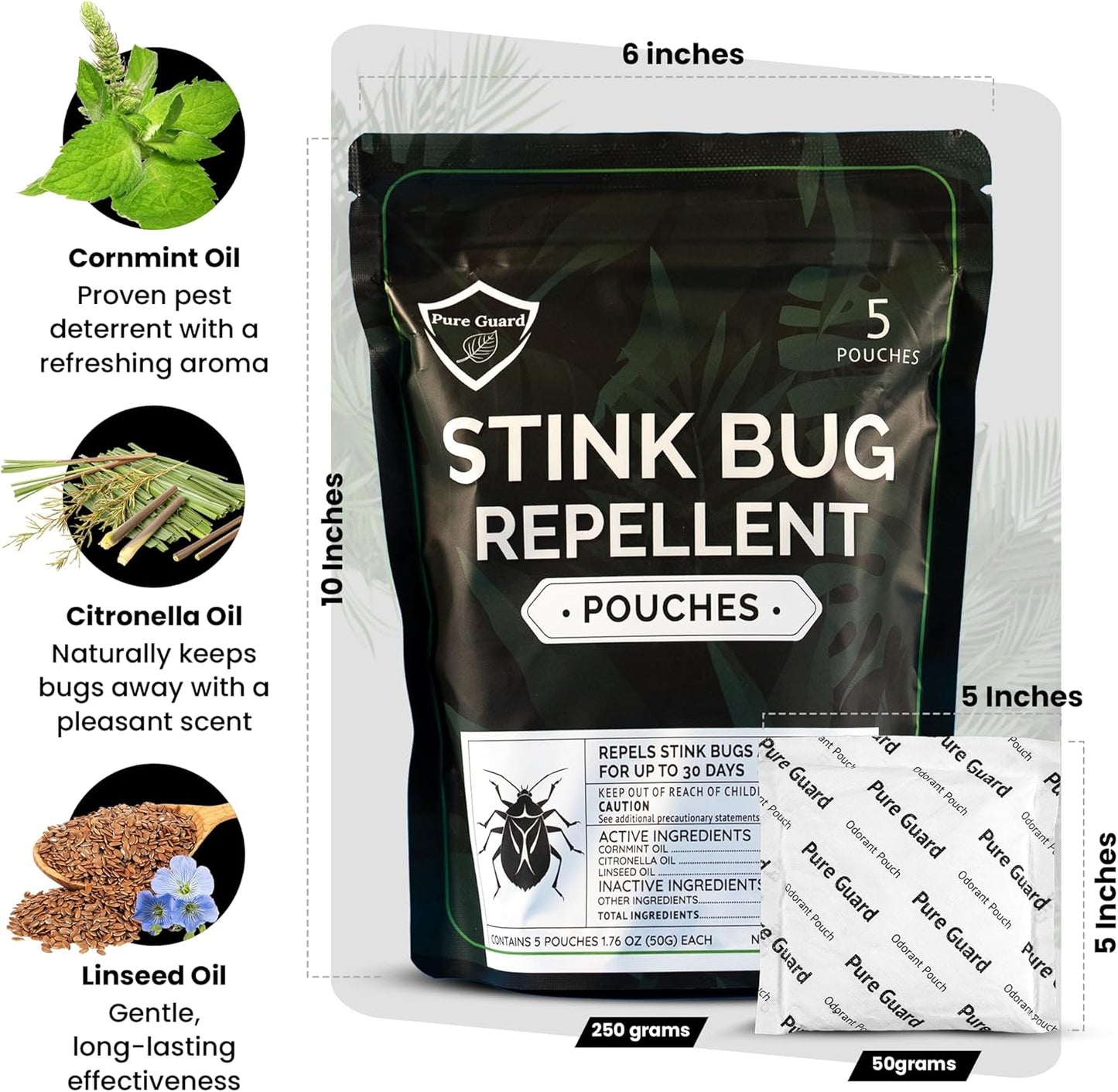 PureGuard Stink Bug Defense Pouches Extra Large – Family and Pet Safe, Fresh Scent, Indoor & Outdoor Use, 50g (5-Pack)