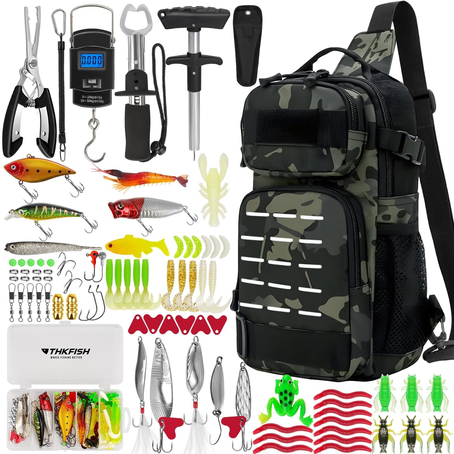 THKFISH 85Pcs Fishing Tool Kit, Fishing Backpack with Tackle Boxes Included, Fishing Tackle Kit Include Fishing Bait Lure Gear Kit, Fishing Pliers, Fish Hook Remover, Lip Gripper