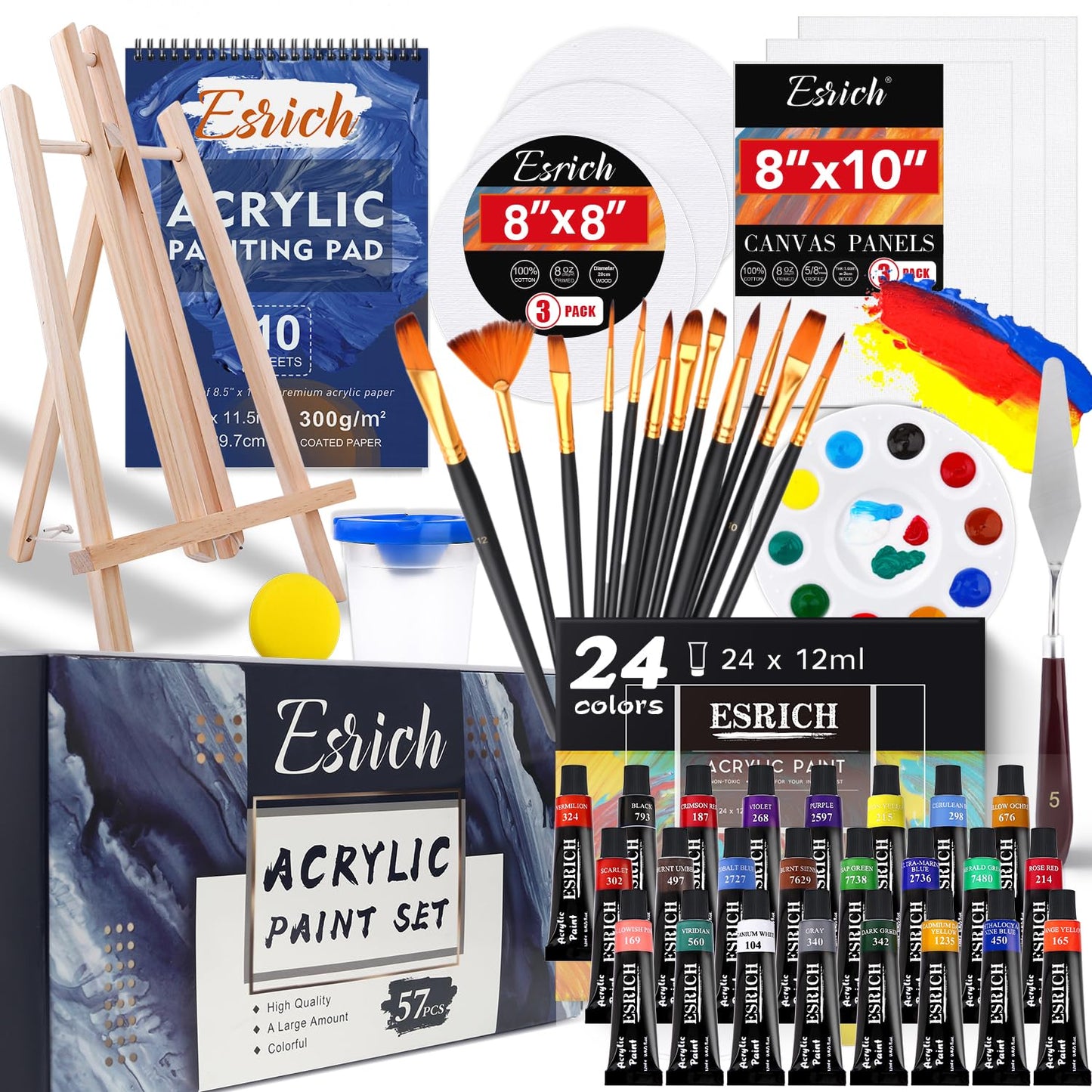 ESRICH Professional Acrylic Paint Set, 60PCS with Painting Brushes,Acrylic Paints,Easel,4 Sizes Blank Canvases,Palette, Paint Knives,Brush Cup and Art Sponges for Adults Hobbyists and Beginners