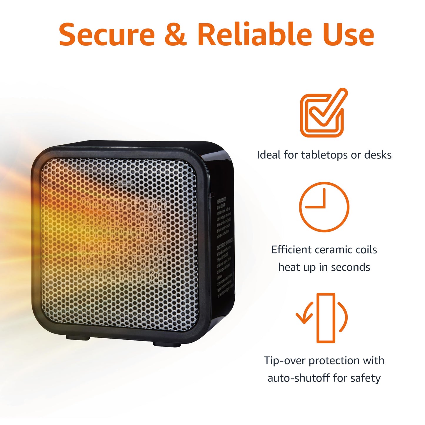 Amazon Basics Ceramic Space Heater, Mini Heater for Office Desk, Portable Tent Heater for Camping (Indoor Use), 500 W, With Tip-Over Protection, Lightweight (1.4 LBS), Black, 5.8"D x 3.4"W x 6"H