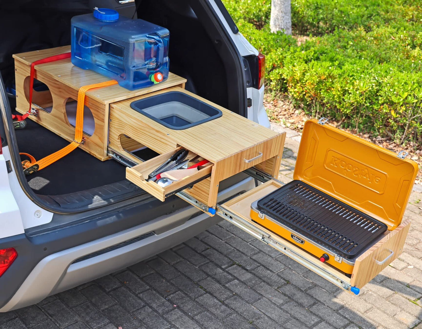 SHIWAGIN Overland Kitchen Slide-Out System, All-in-One Camp Kitchen Box with Sink, Chopping and Cooking Features, Folding Camping Table for SUV, Overlanding & Car Camping, Quick 1-Minute Setup