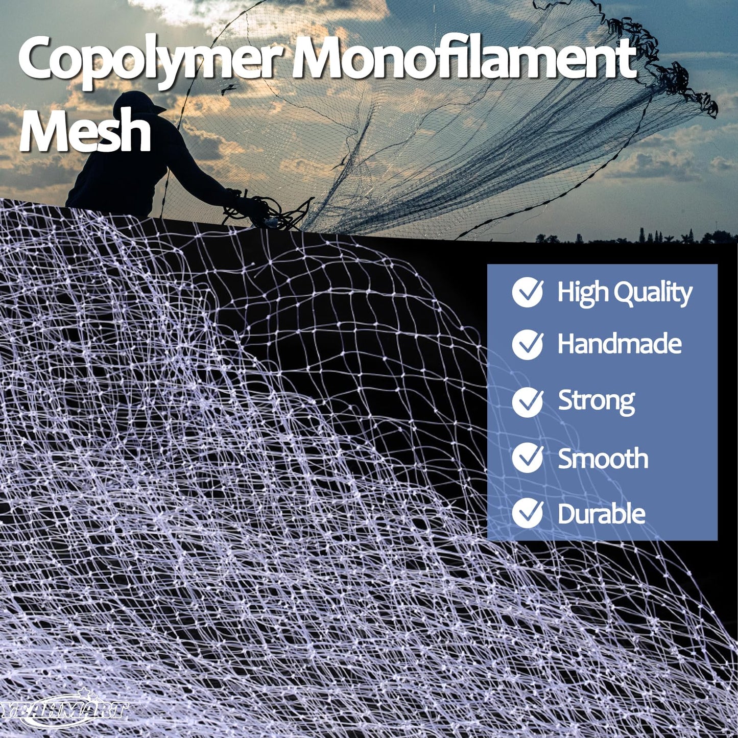 Yeahmart American Saltwater Fishing Cast Net for Bait Trap Fish 3ft/4ft/5ft/6ft/7ft/8ft/9ft/10ft Radius Casting Nets with Heavy Duty Real Zinc Sinker Weights, 3/8inch Mesh Size