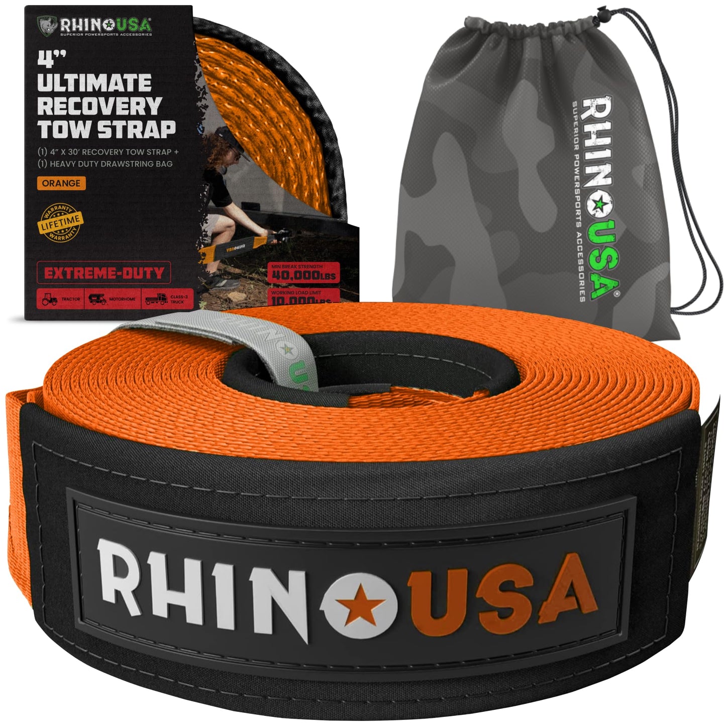 Rhino USA Recovery Tow Strap (3" x 20') - 31,518lb Break Strength - Emergency Recovery Strap Tow Rope for Truck, UTV, ATV & More - Heavy Duty Towing Strap for Offroad 4x4 Use - Compatible with Jeep