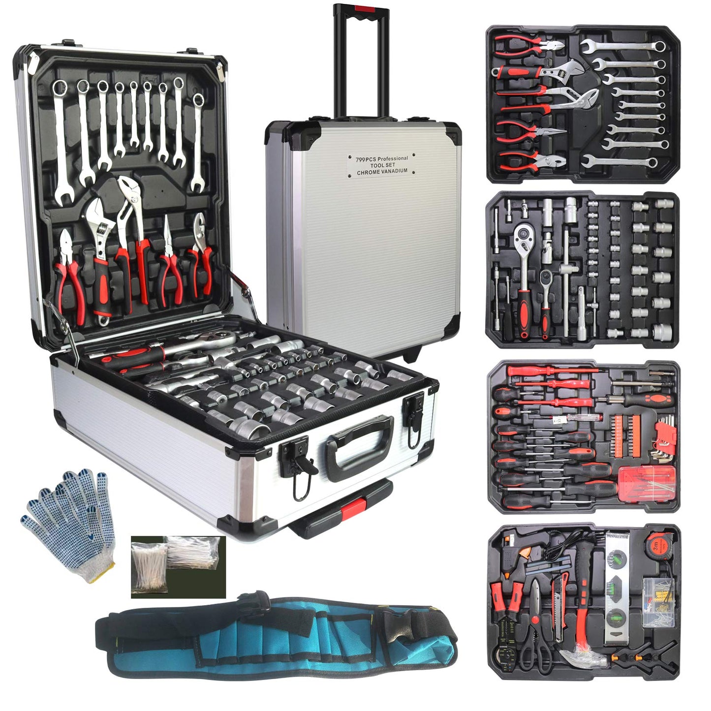 Arcwares 799pcs Aluminum Trolley Case Tool Set Silver, House Repair Kit Set, Household Hand Tool Set, with Tool Belt,Gift on Father's Day (Black)