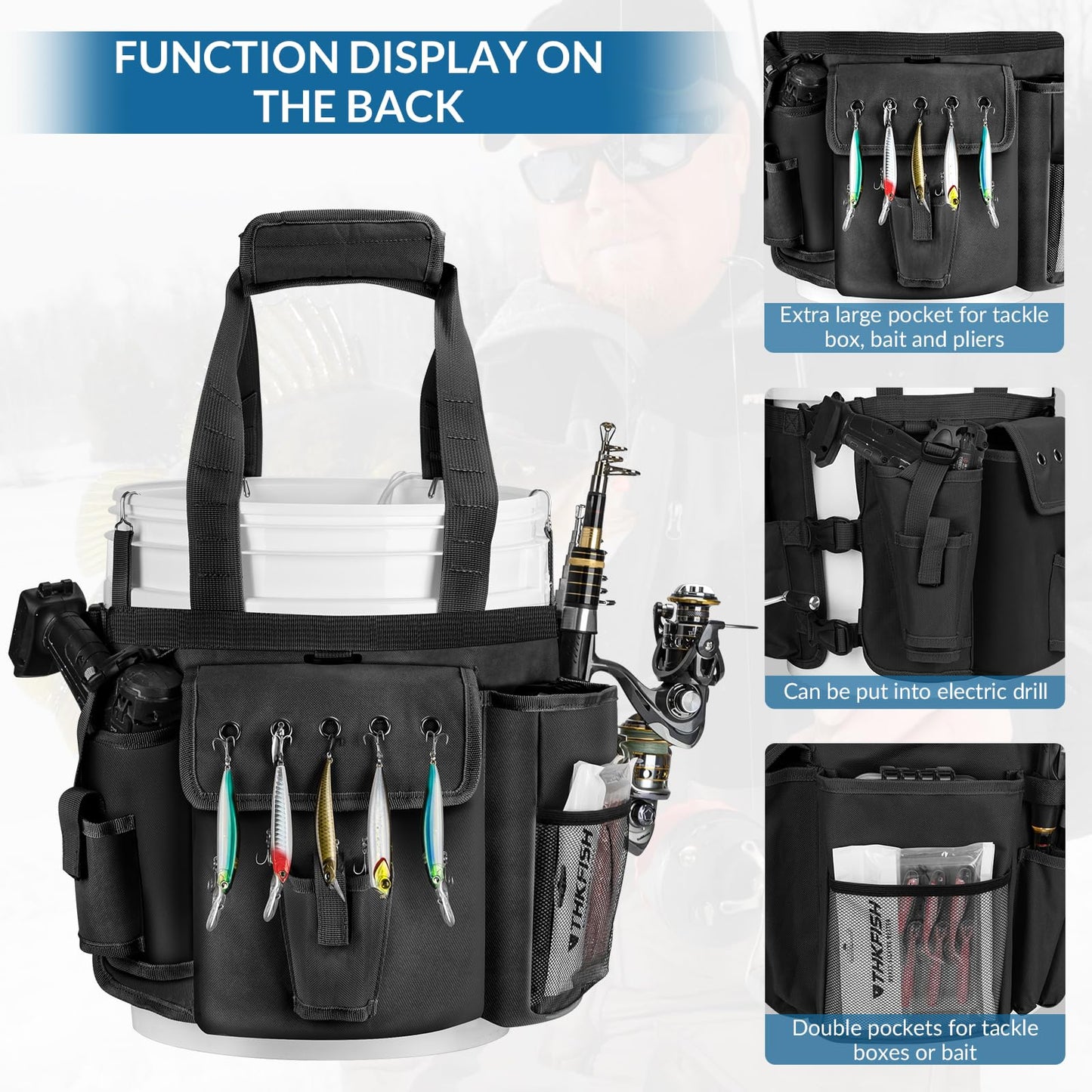 THKFISH Fishing Bucket Organizer for 5 Gallon Bucket, Ice Fishing Bucket Bag with Rod & Plier Holder, Adjustable Fish Protection Bucket Bag with Multi-Pockets for Fishing Gear
