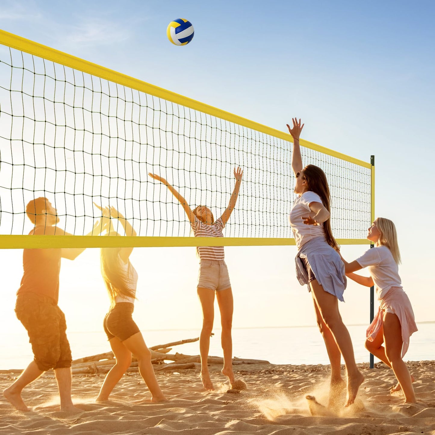 GYMAX Volleyball Net, Portable Volleyball Set with Adjustable Poles & Anti-Sag Design, Includes Beach Stakes, Scoreboard, Boundary Line and Carry Bag for Outdoor Backyard Beach Grass (Yellow)