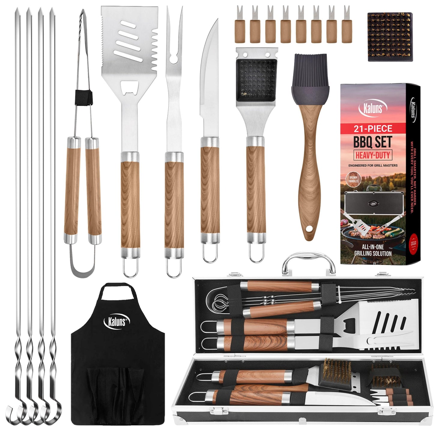 Kaluns Grilling Accessories, Dad Gifts for Fathers Day Grilling Gifts, Heavy Duty Stainless Steel BBQ Grill Tools Set for Outdoor Grill with Aluminum Case and Apron, Dad Birthday Gifts for Men Husband