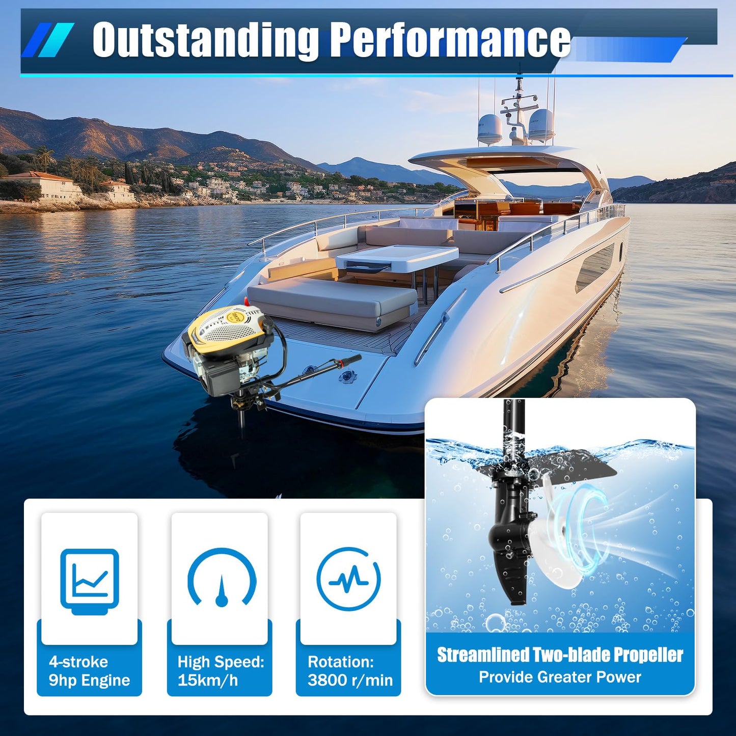 52cc Single Cylinder Gas 2.3HP Outboard Motor, Long Shaft with Air Cooling for Inflatable, Rubber, Fishing Boats, Yachts, Water Sports