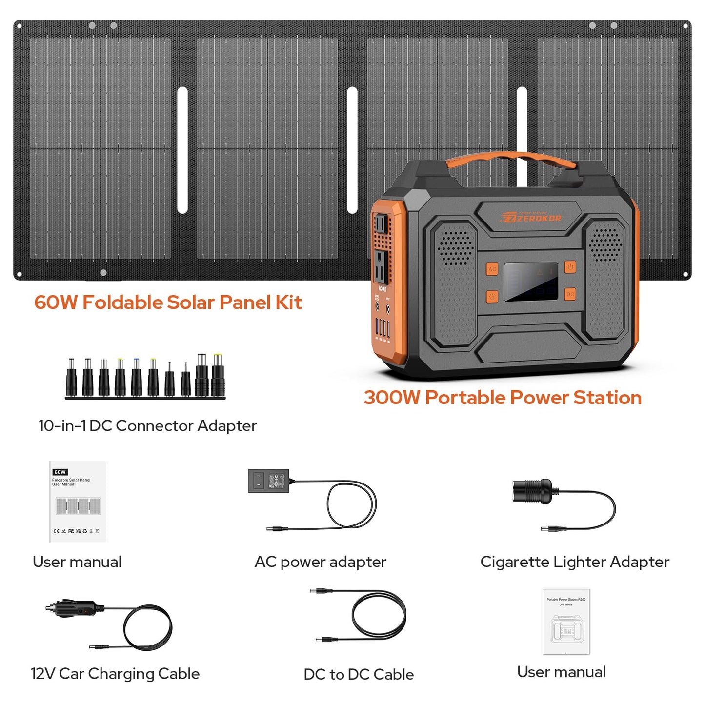 Portable Solar Generator, 300W Portable Power Station with Foldable 60W Solar Panel, 110V Pure Sine Wave 280Wh Lithium Battery Pack with USB DC AC Outlet for Home Use RV Van Outdoor Camping-Orange