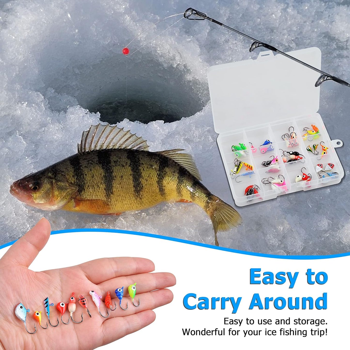 Ice Fishing Jigs Lures kit,48pcs Luminous Ice Fishing Gear Crappie Panfish Jigs Head Fishing Hooks Set for Winter Ice Jigging Walleye Perch Bluegill