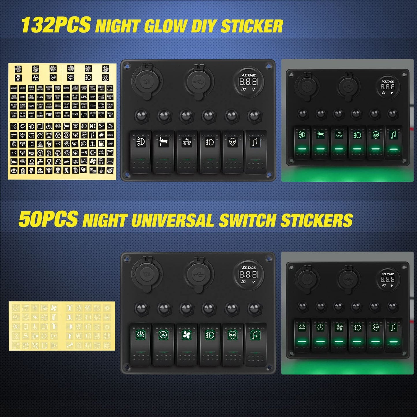 Nilight - 90123F 6 Gang ON Off Rocker Switch Panel Green Backlit 12V24V LED Digital Voltmeter Dual USB Charger Cigarette Lighter Socket Overload Protection Switch Panel For Cars RVs Boats
