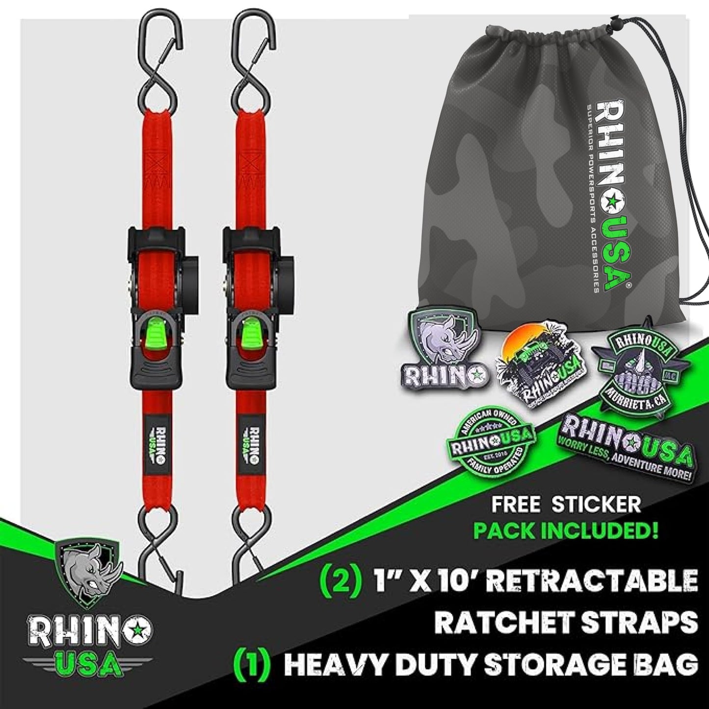 Rhino USA Retractable Ratchet Straps (4-Pack) - 1 Inch x 10 Feet (1,209lb Break Strength) - Heavy Duty Auto Self Retracting Tie Down Straps for Truck, Cargo Trailer, Motorcycle, Rad & More - Black