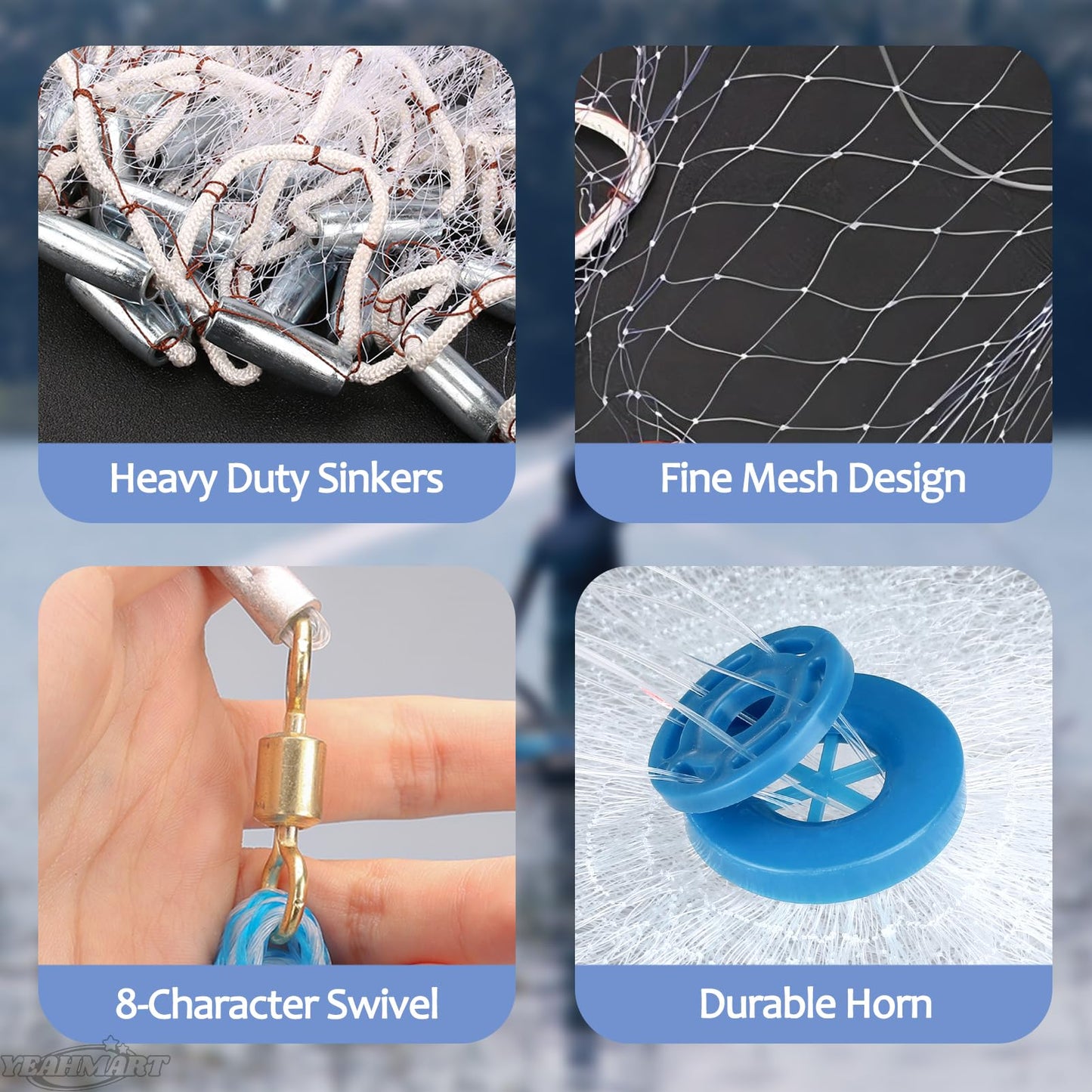 Yeahmart American Saltwater Fishing Cast Net for Bait Trap Fish 3ft/4ft/5ft/6ft/7ft/8ft/9ft/10ft Radius Casting Nets with Heavy Duty Real Zinc Sinker Weights, 3/8inch Mesh Size