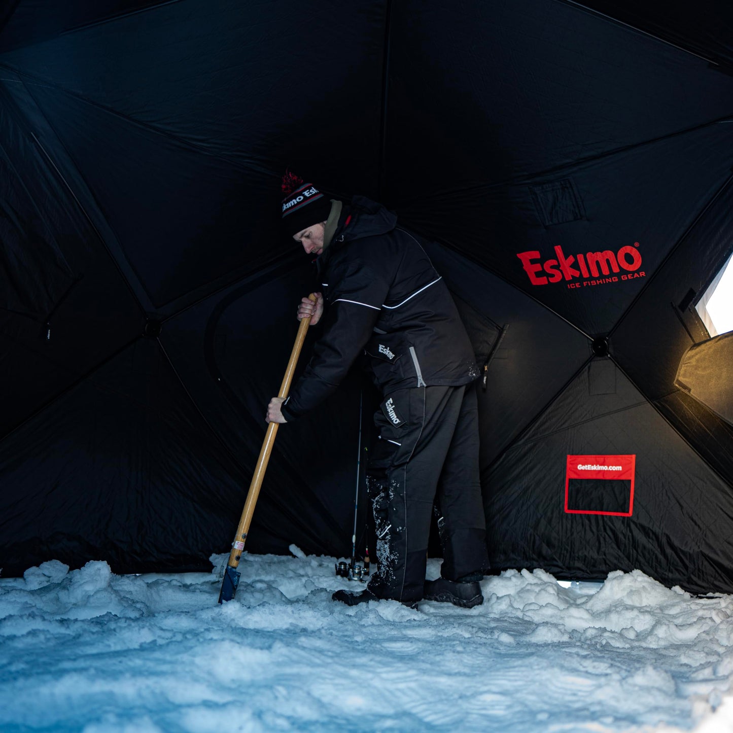 Eskimo Outbreak Portable Pop-Up Ice Fishing Shelter, Stormshield Insulated Fabric, No Trip Door, Durable Hub Design, Deluxe Tie Downs, Red/Black