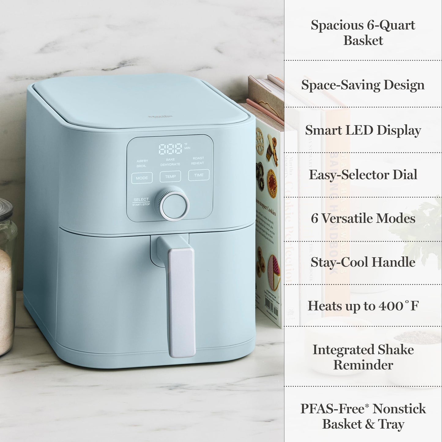 Martha Stewart 6QT Air Fryer, 6-in-1, Bake, Broil, Roast, Air Fry, Dehydrate, Reheat, Ceramic Non-Stick Basket, Crispy Results Fast, 400°F Max Temp, Shake Reminder, Auto Shut-Off, Honeydew Green