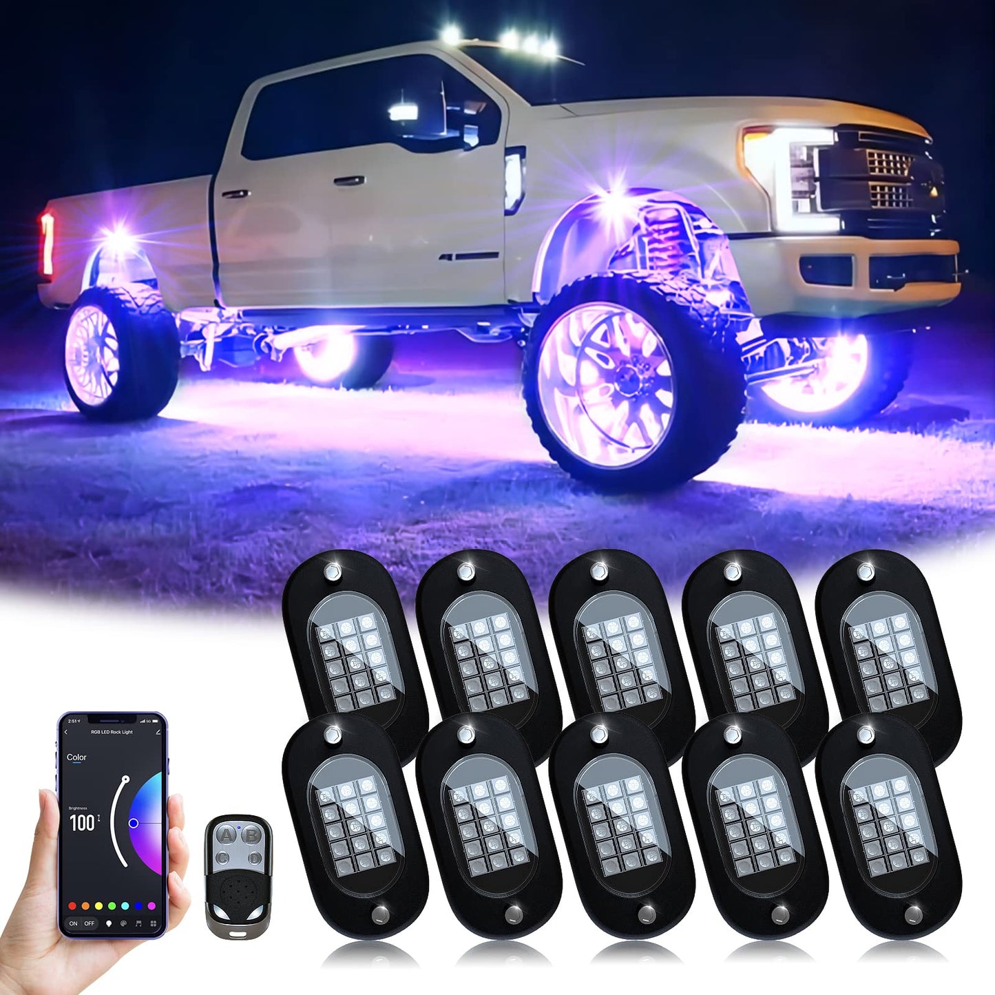 YiLaie RGB LED Rock Lights 14 Pods, 210 LEDs Lights with Phone App/Remote Control & Timing & Music Mode Rock Lights Kits, Waterproof Underglow Light for ATV RZR UTV SUV Off Road AUTO Motorcycle