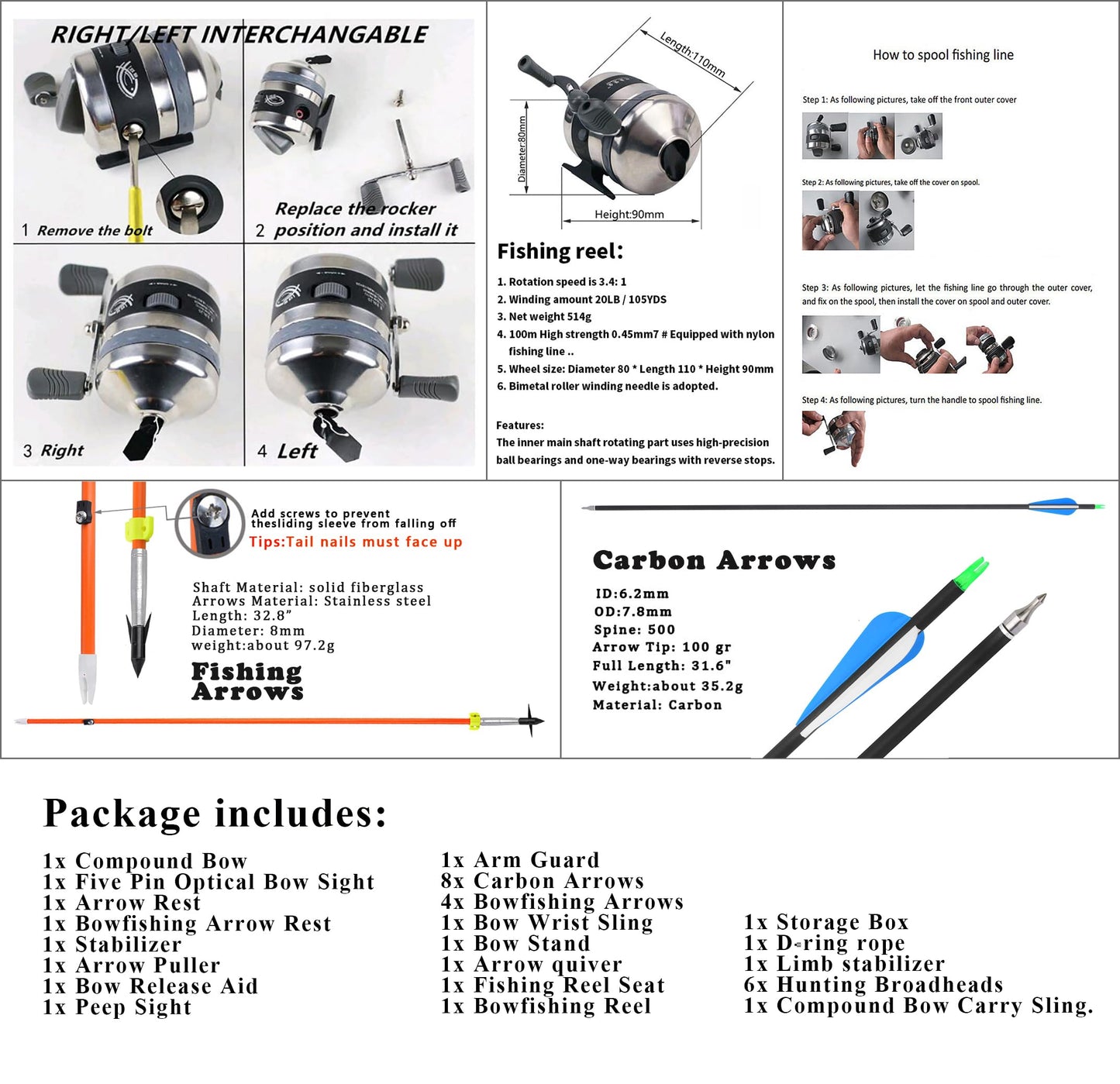 Archery Bowfishing Compound Bow Kit Ready to Fish Kit with Bowfishing Reel, Bow Fishing Arrows Right & Left Handed for Adult/Youth Fishing Hunting Target Shooting