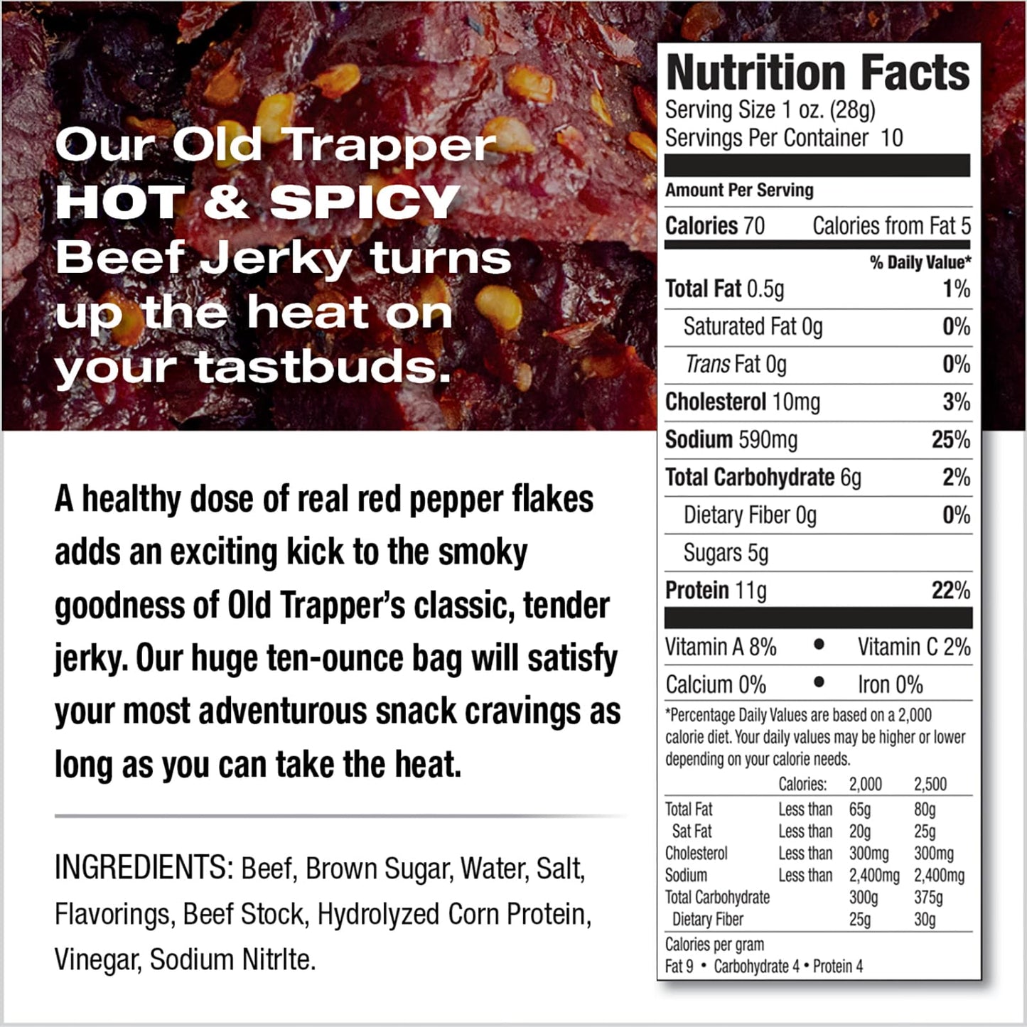 Old Trapper Beef Jerky, Old-Fashioned 10-Ounce Bag, Tender Meat Snacks for Lunches or Between Meals, 11 Grams of Protein, Zero Grams of Fat, and 70 Calories per Ounce (Pack of One)