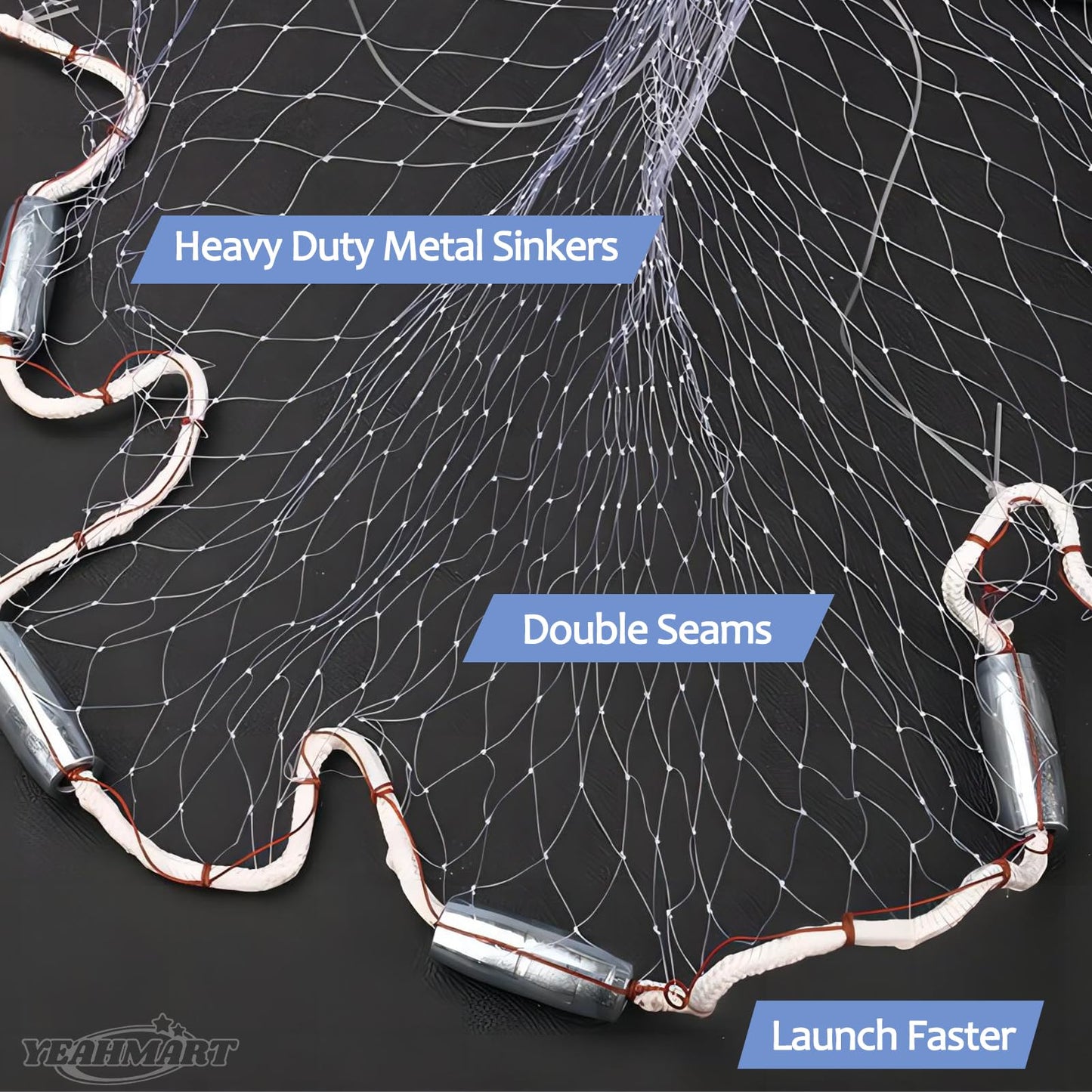 Yeahmart American Saltwater Fishing Cast Net for Bait Trap Fish 3ft/4ft/5ft/6ft/7ft/8ft/9ft/10ft Radius Casting Nets with Heavy Duty Real Zinc Sinker Weights, 3/8inch Mesh Size