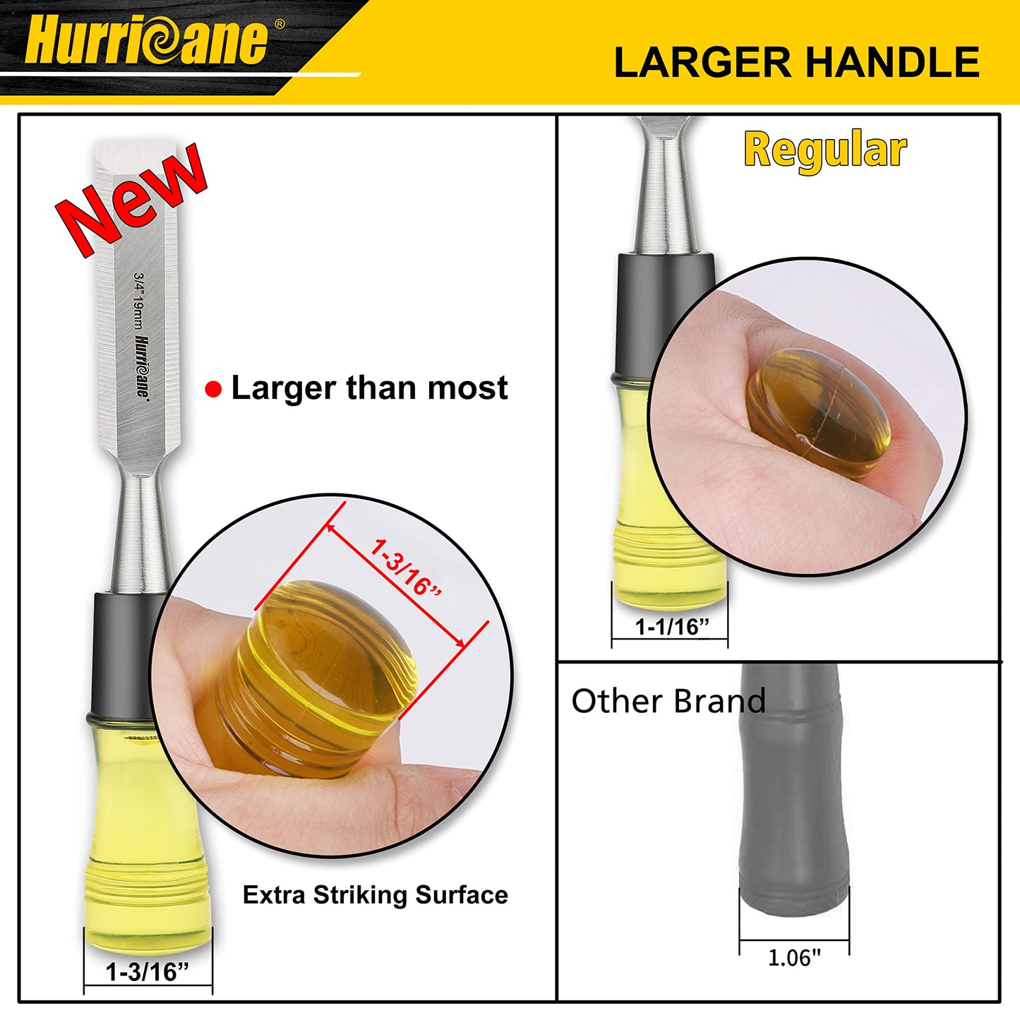 HURRICANE 4 Piece Wood Chisel Set for Woodworking. CR-V Steel Beveled Edge Blades with Safety Caps. Durable PVC High Impact Handle, for Precision Carving & DIY Projects (1/4", 1/2", 3/4", 1")