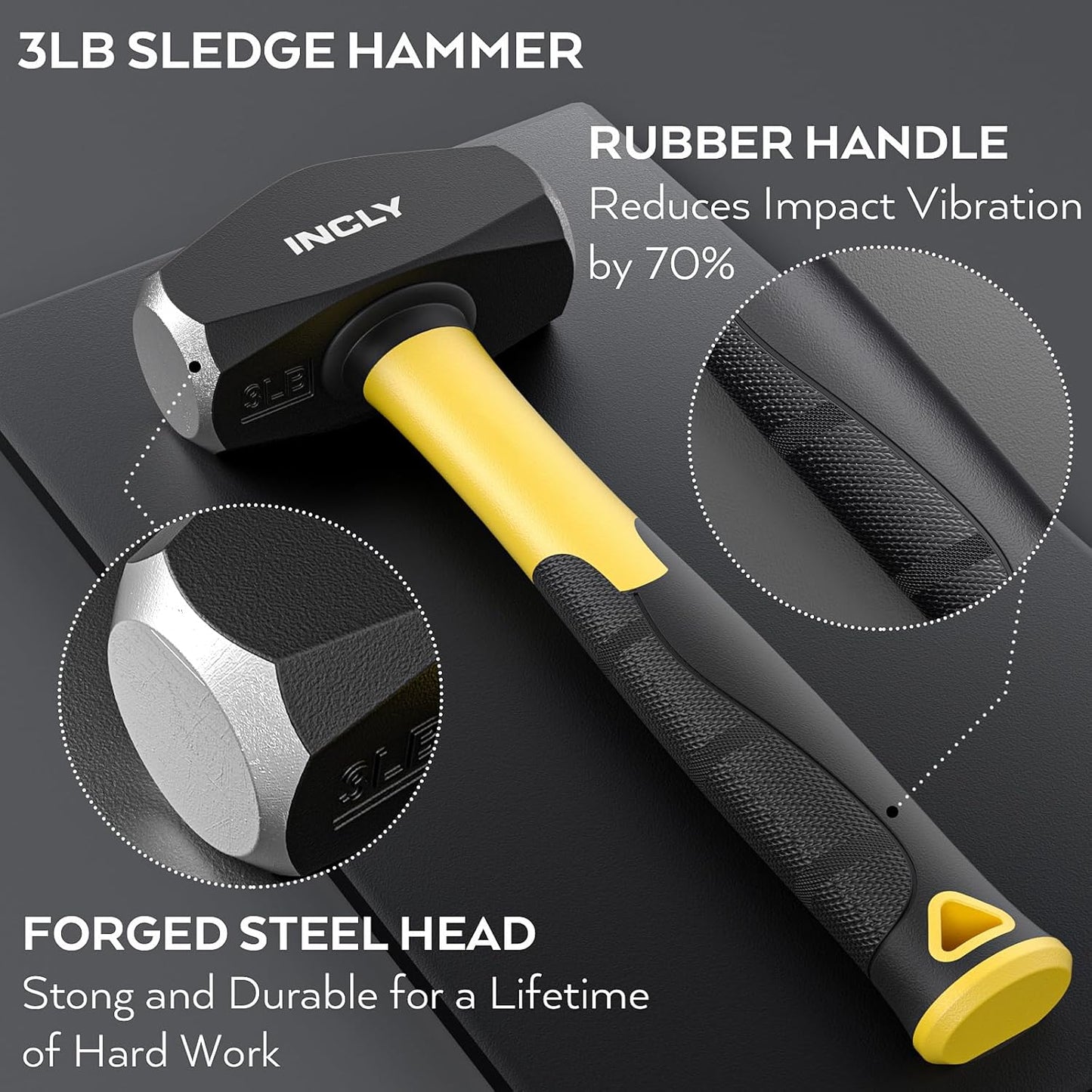 INCLY 7 Pcs Geology Rock Pick Equipment Kit, 3lb Sledge &32 oz Rock Hammer with 2PCS 12" Mason Concrete Chisel.Safety Glasses, Jewelers loupe, Tool Set for Hounding, GoldMining, Stone Breaking