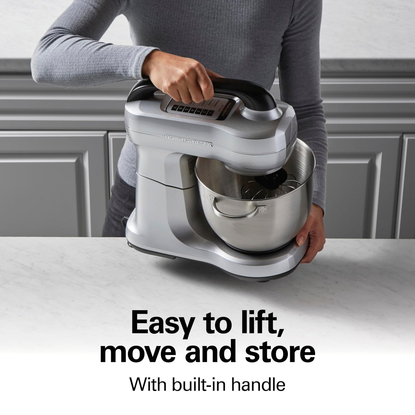 Hamilton Beach Electric Stand Mixer, 4 Quarts, Dough Hook, Flat Beater Attachments, Splash Guard, 7 Speeds with Whisk, Easy-Carry Top Handle, Blue