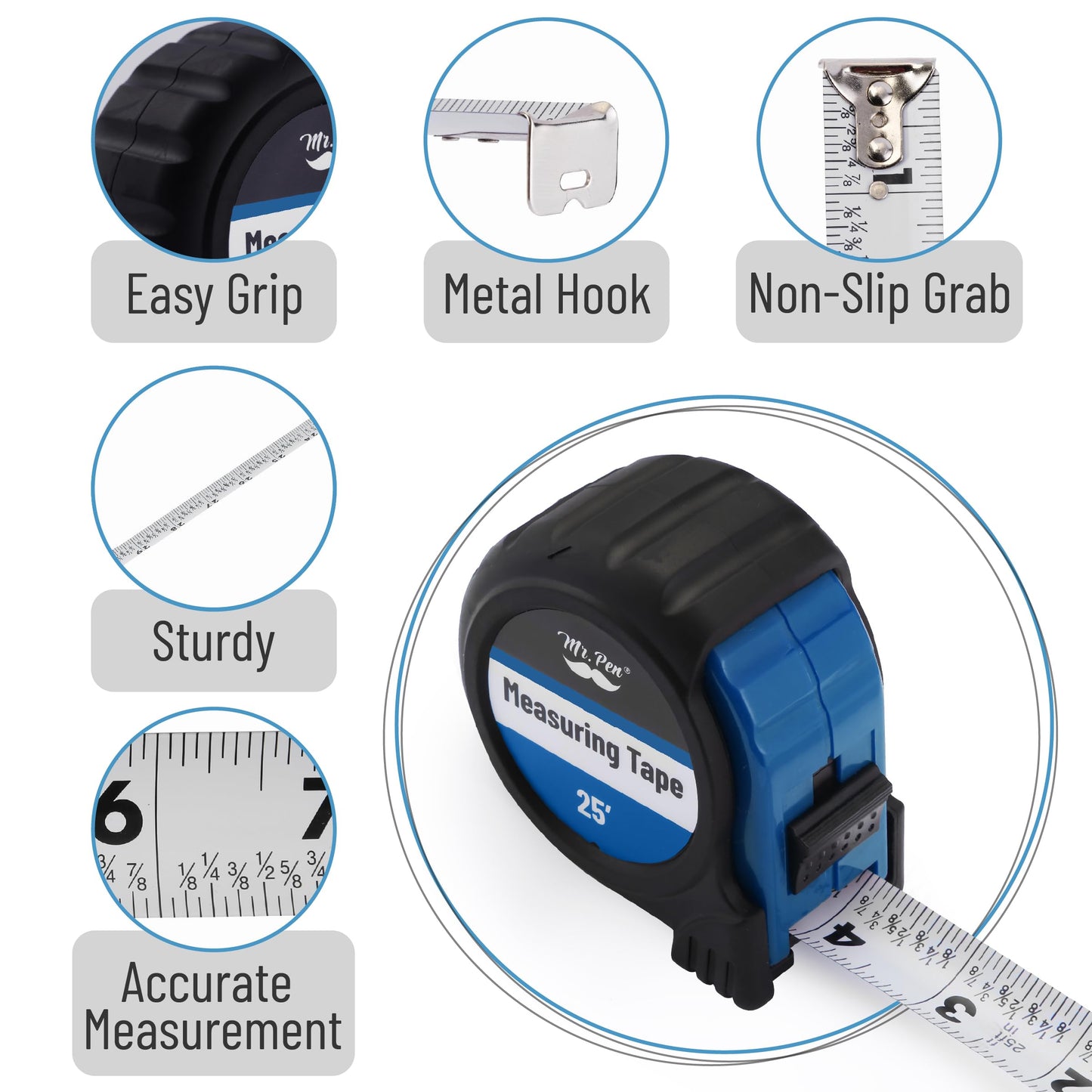 Mr. Pen 25-Foot Steel Retractable Tape Measure with Easy Read Fractions