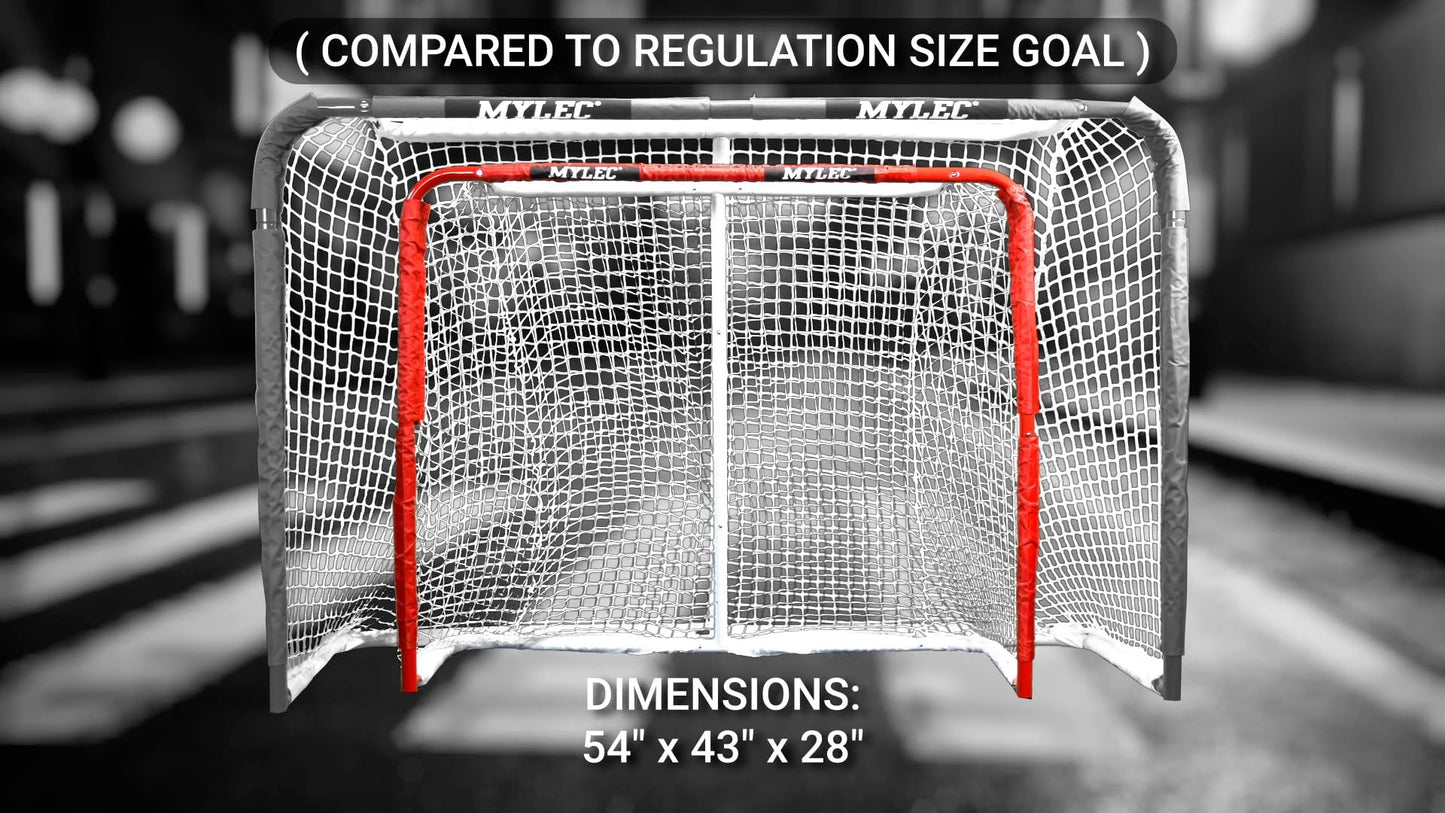 Mylec Steel Junior Hockey Goal for Indoor + Outdoor (52” x 43”), Easy Assembly, Lightweight, Portable, and Net Weave System (Red, 17 Pounds)