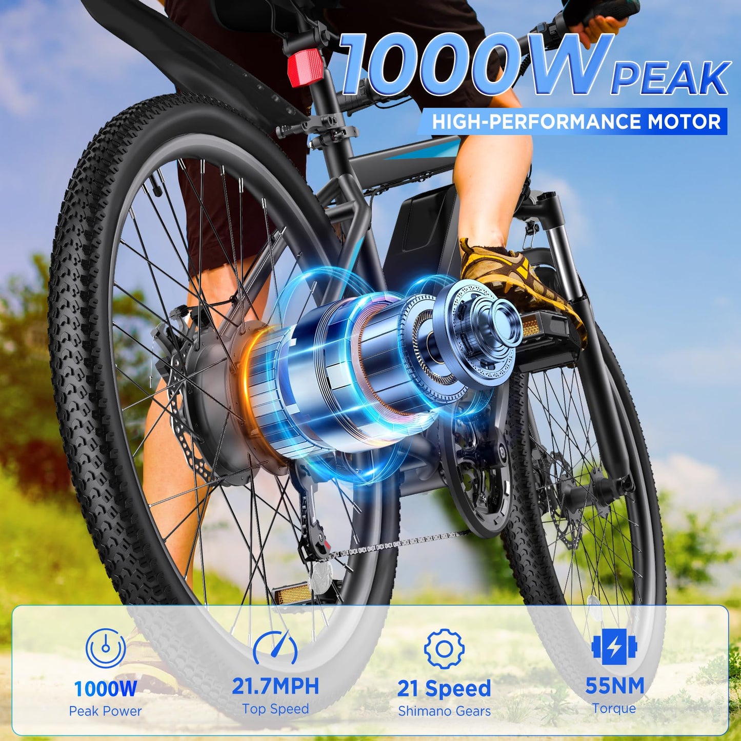 Electric Bike for Adults, 26'' 1000W Peak Ebike, Up to 50 Miles 21.7MPH Electric Mountain Bike with 48V 374.4WH Removable Battery, Adjustable Stem, Fenders, Lockable Suspension Fork, 21-Speed