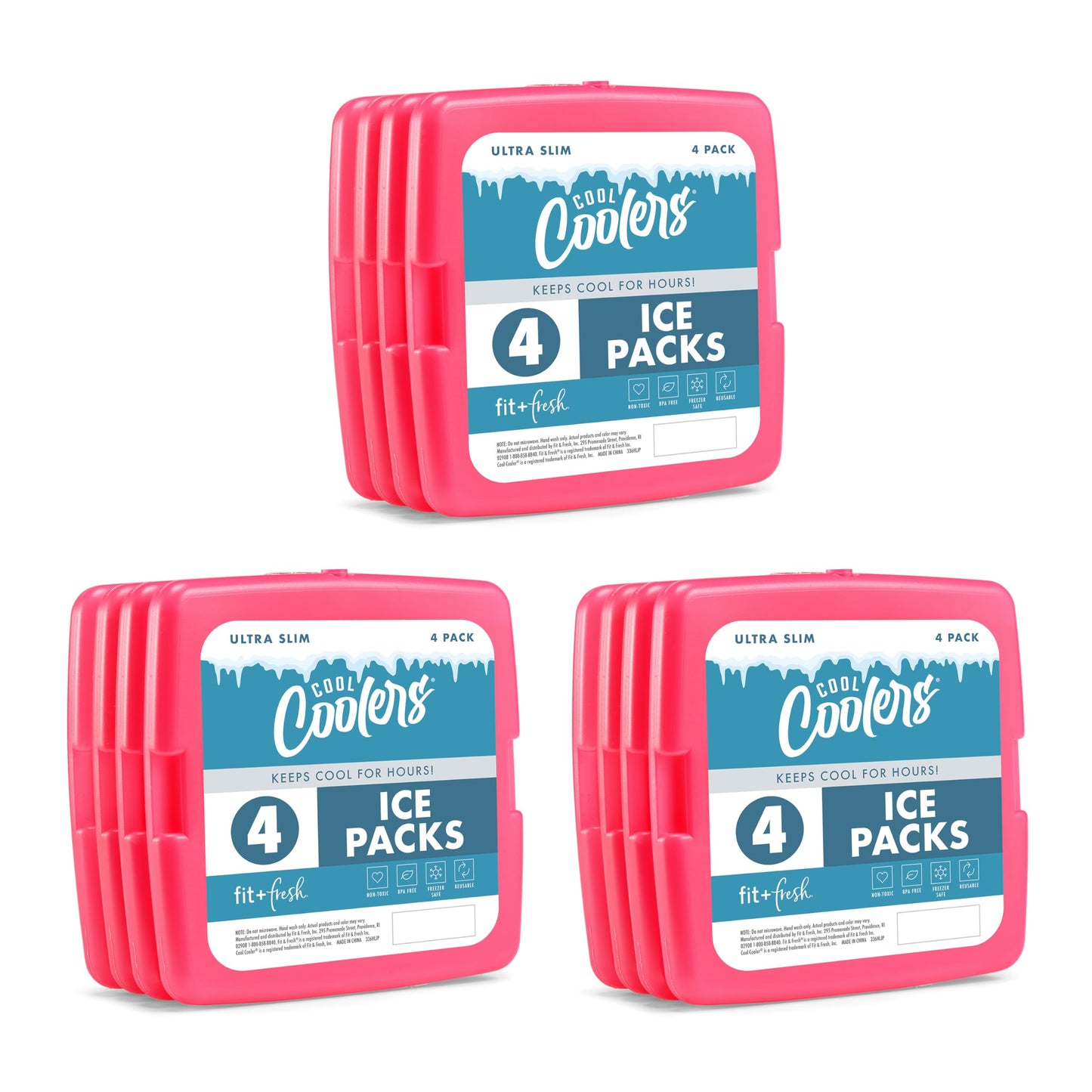 Cool Coolers by Fit & Fresh 4 Pack Slim Ice Packs, Quick Freeze Space Saving Reusable Ice Packs for Lunch Boxes or Coolers, Multi Colored