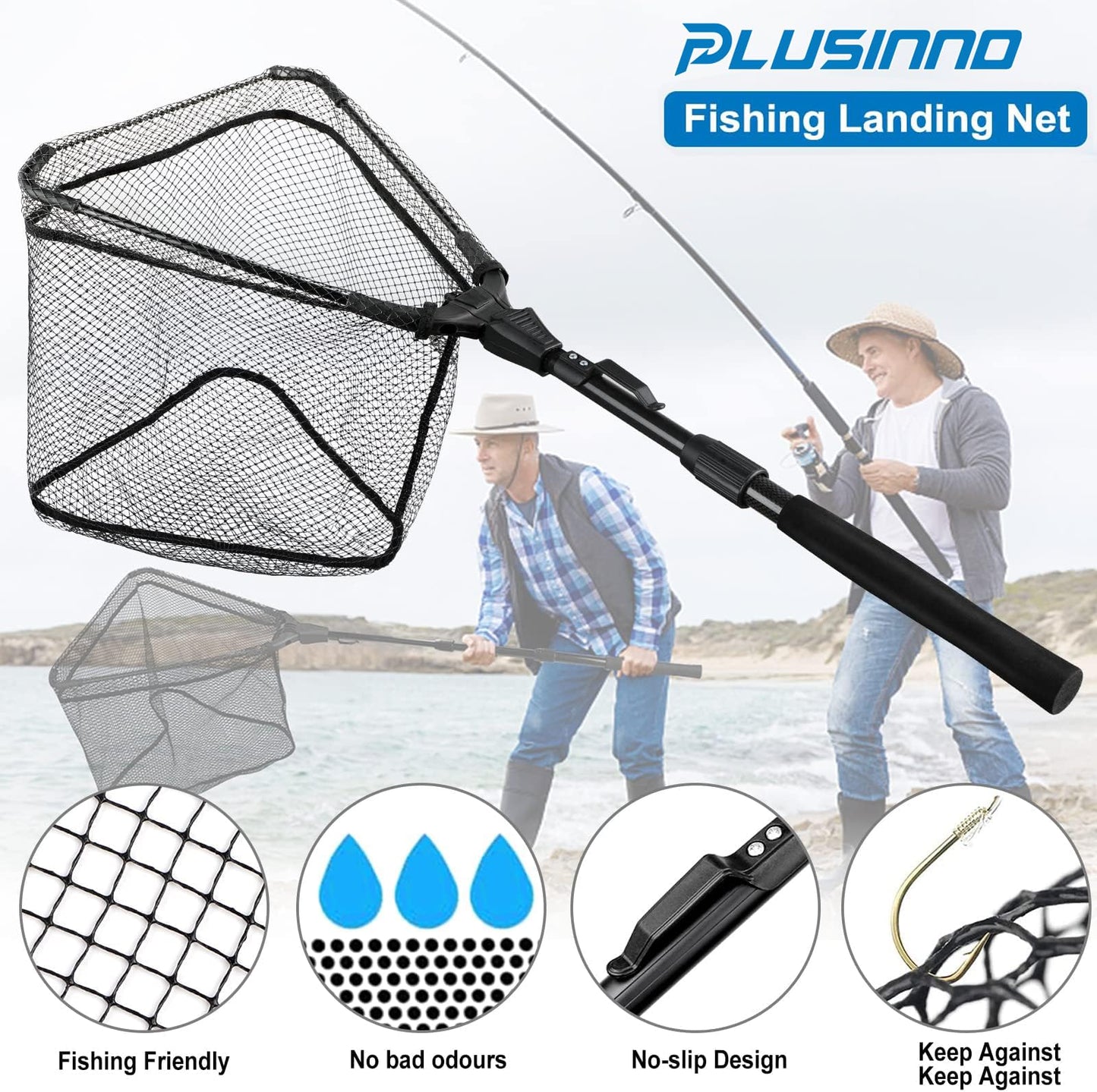 PLUSINNO Fishing Net Fish Landing Net, Foldable Collapsible Telescopic Pole Handle, Durable Nylon Material Mesh, Safe Fish Catching or Releasing