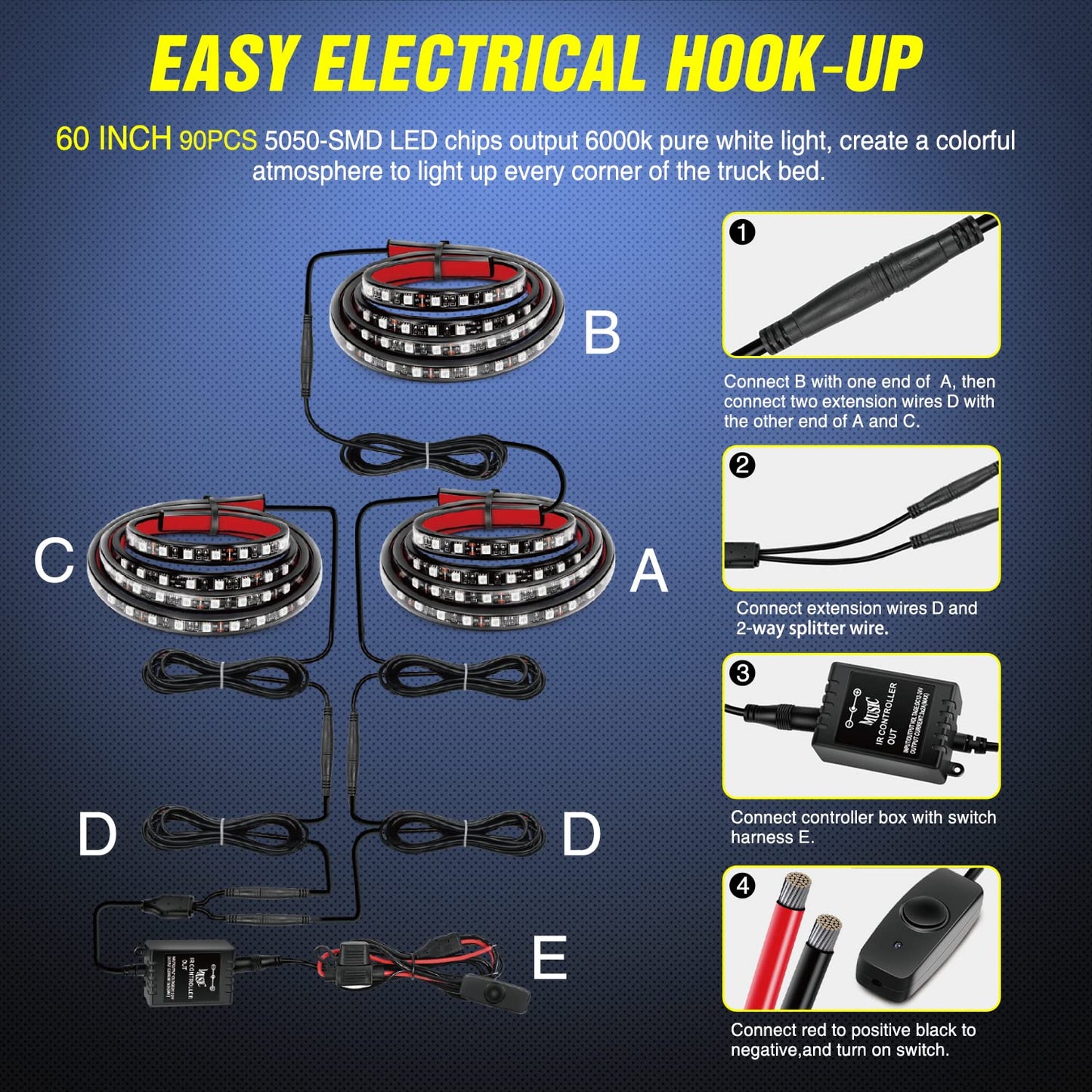 Nilight 3PCS 60 Inch RGB Truck Bed Light Strip Kit 270 LED Neon Accent Lights with RF Remote On Off Switch Splitter Extension Cable for Cargo Pickup Truck Camper RV SUV Boat