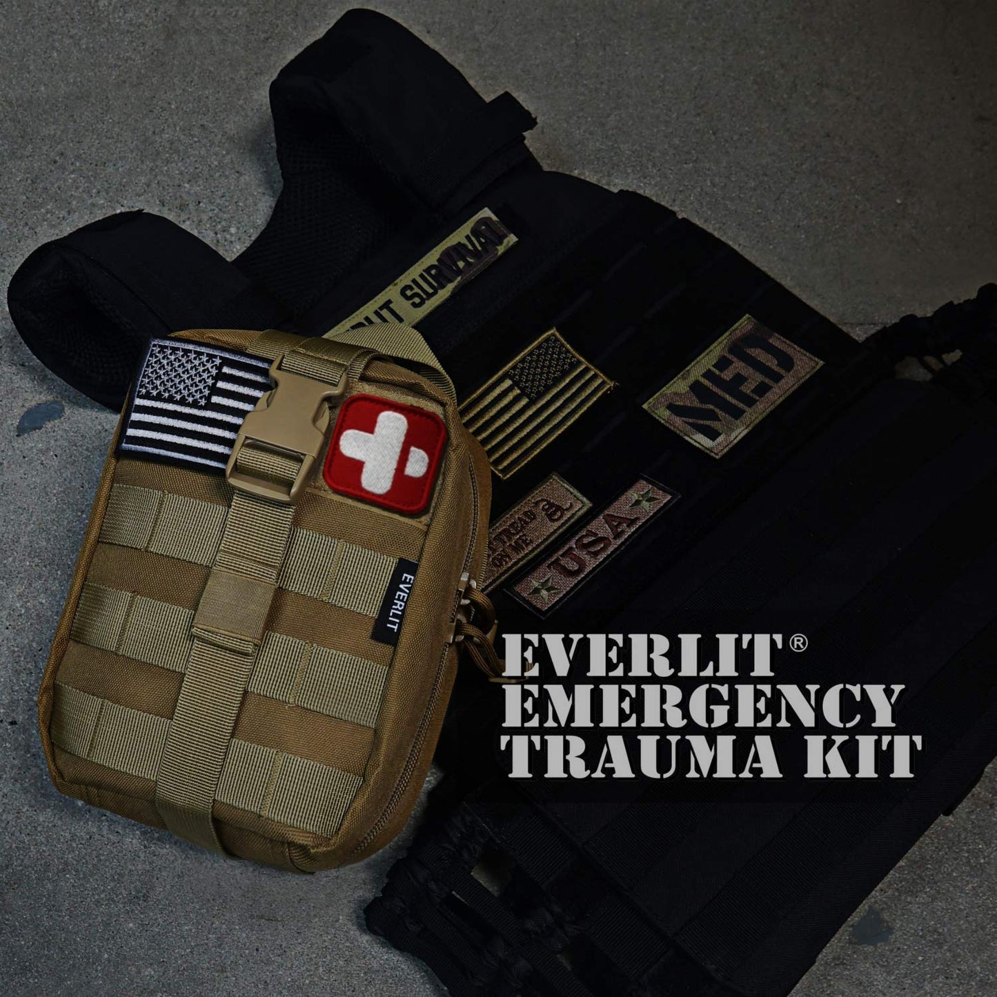 EVERLIT Emergency Trauma Kit, CAT GEN-7 Tourniquet 36" Splint, Military Combat Tactical IFAK for First Aid Response, Critical Wounds, Severe Bleeding Control (Black)