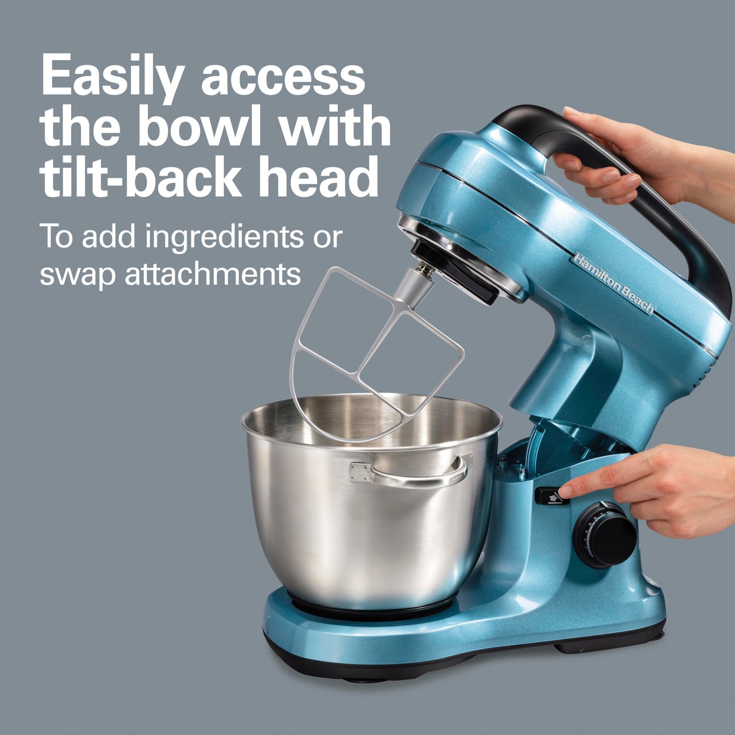 Hamilton Beach Electric Stand Mixer, 4 Quarts, Dough Hook, Flat Beater Attachments, Splash Guard, 7 Speeds with Whisk, Easy-Carry Top Handle, Blue