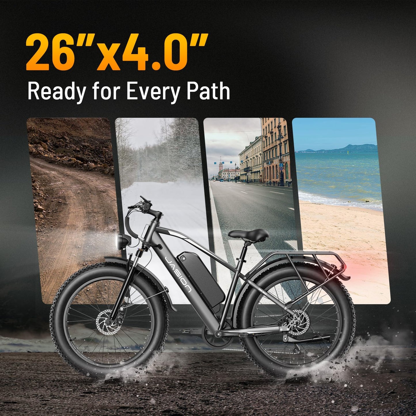Jasion EB5 MAX Electric Bike for Adults with 1500W Peak Motor, 48V 15Ah (720Wh) Battery Electric Mountain Bike, 26'' x 4'' Fat Tire Ebike, 28+MPH Speed, Cruise Control, with Fenders, Rear Rack