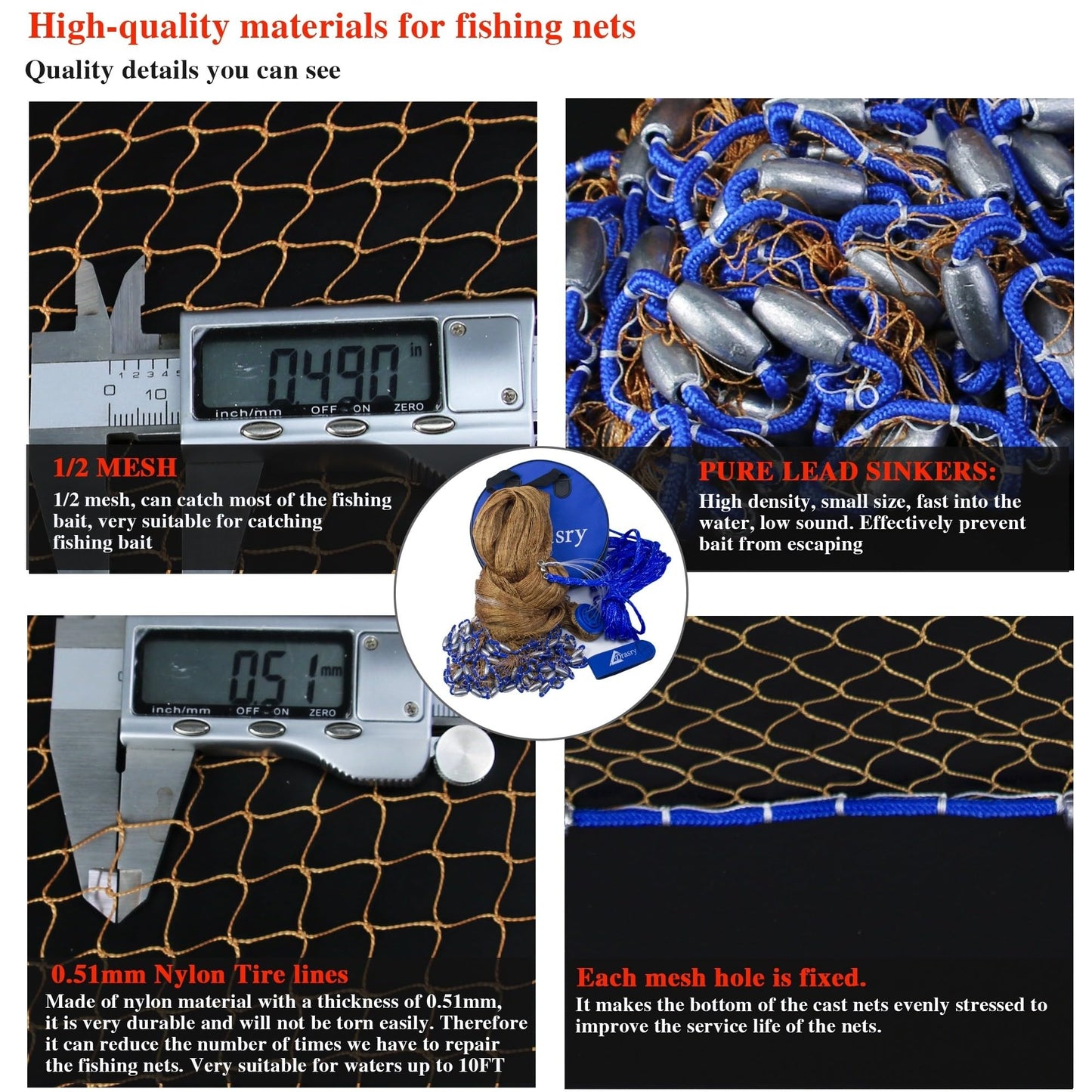 Drasry Saltwater Fishing Cast Net for Bait Trap with Heavy Sinkers Fish Throw Net. Size 3ft/4ft/5ft/6ft/7ft/8ft/9ft/10ft Radius Freshwater Nets